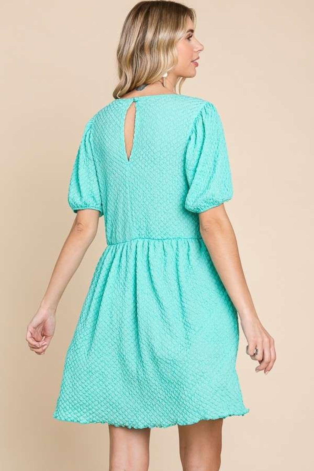 Culture Code Full Size Textured Round Neck Puff Sleeve Dress - Charming Charlie