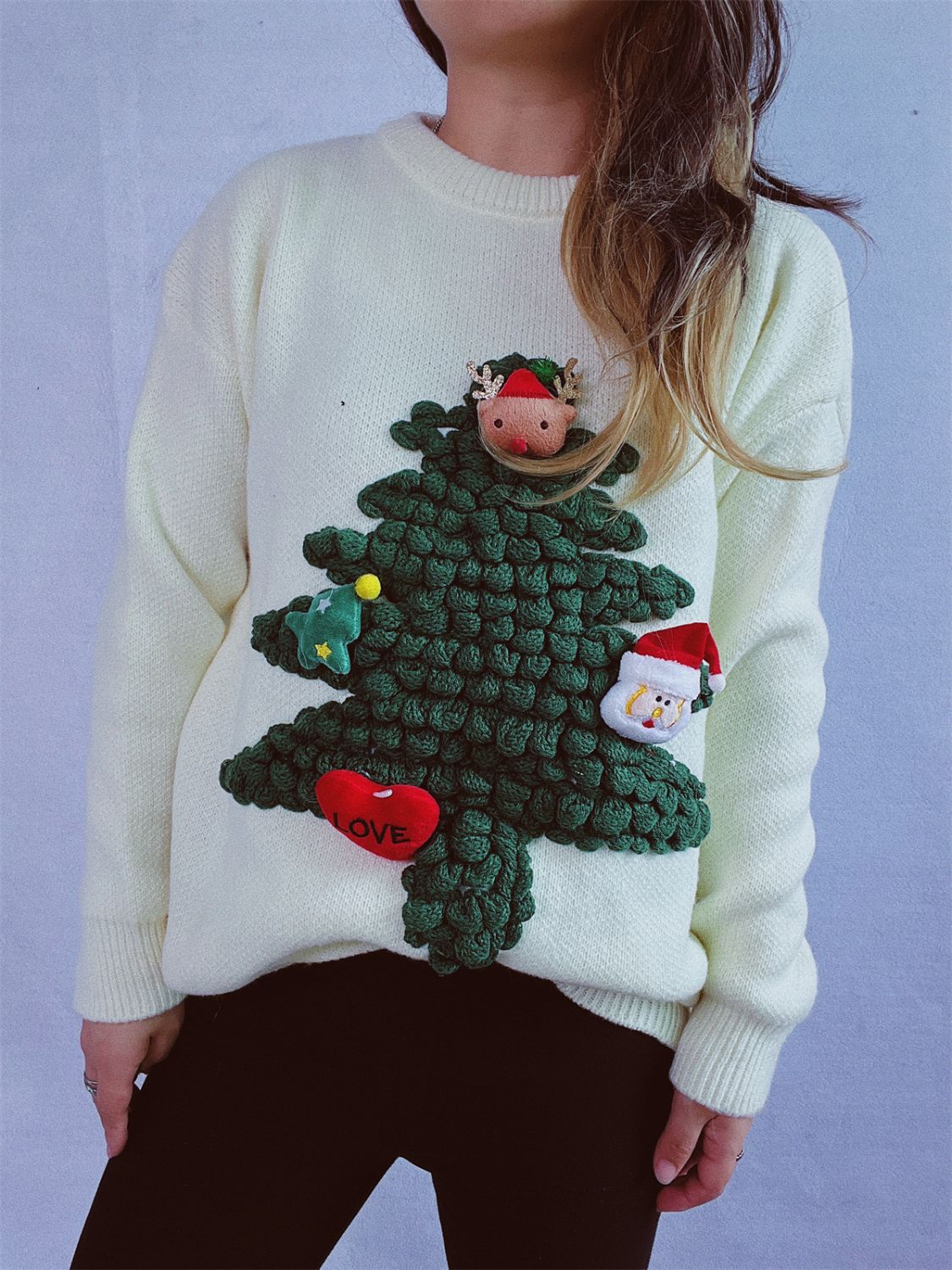 Christmas Tree Round Neck Long Sleeve Sweater - Charming Charlie