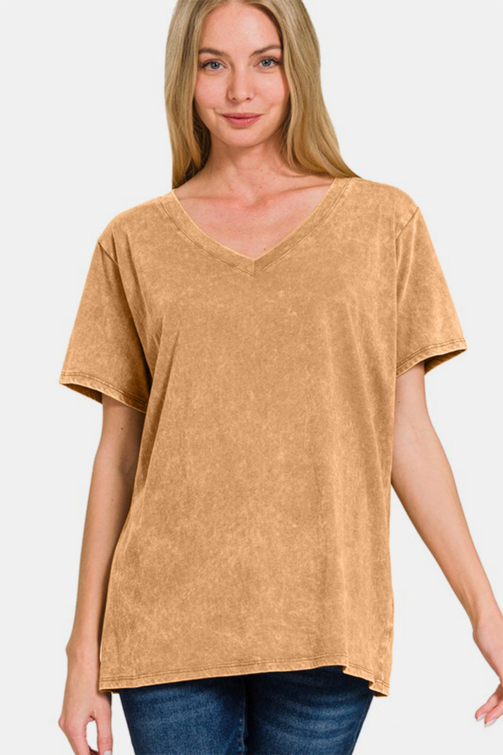 Zenana Full Size Washed Short Sleeve V-Neck T-Shirt - Charming Charlie