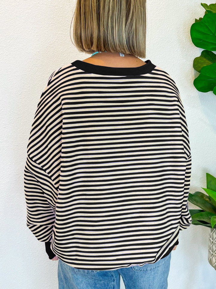 Striped Round Neck Long Sleeve Sweatshirt - Charming Charlie
