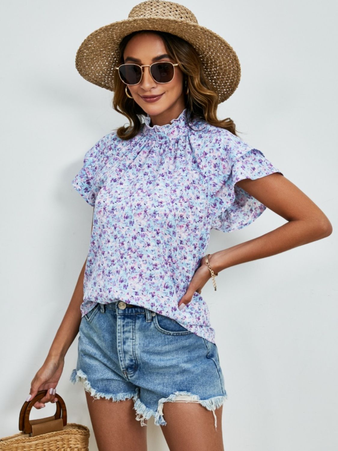 Ditsy Floral Mock Neck Flounce Sleeve Blouse - Charming Charlie