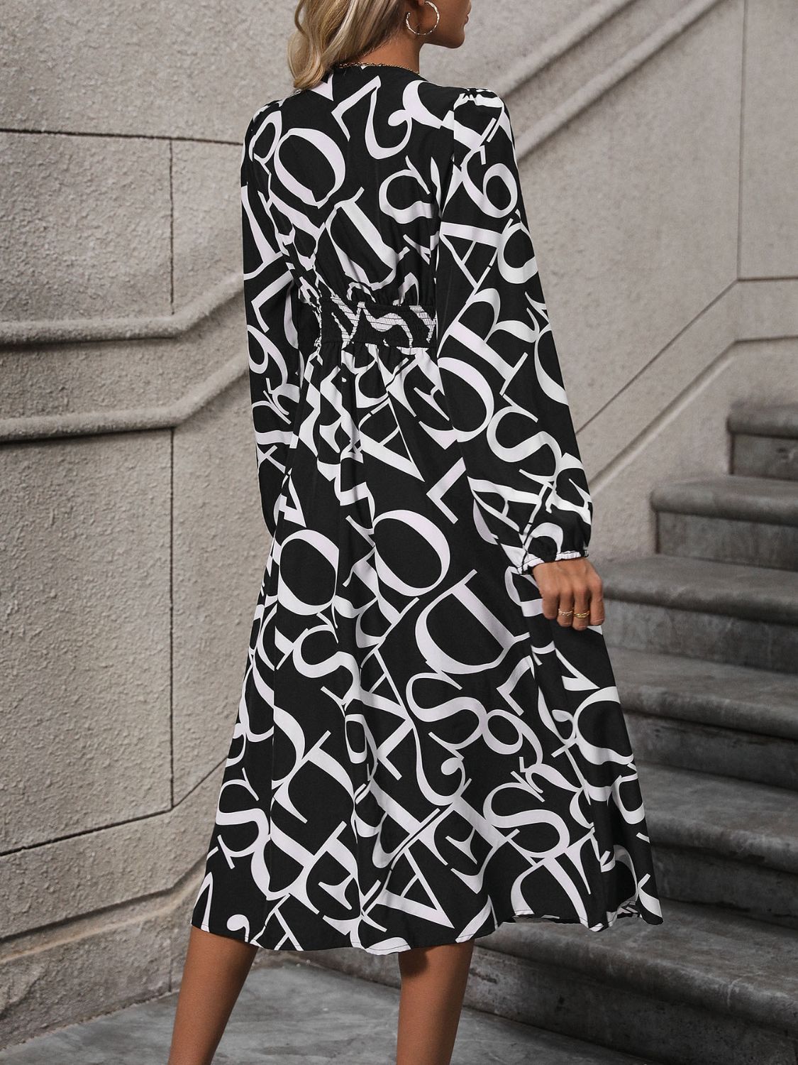 Printed V-Neck Long Sleeve Midi Dress - Charming Charlie