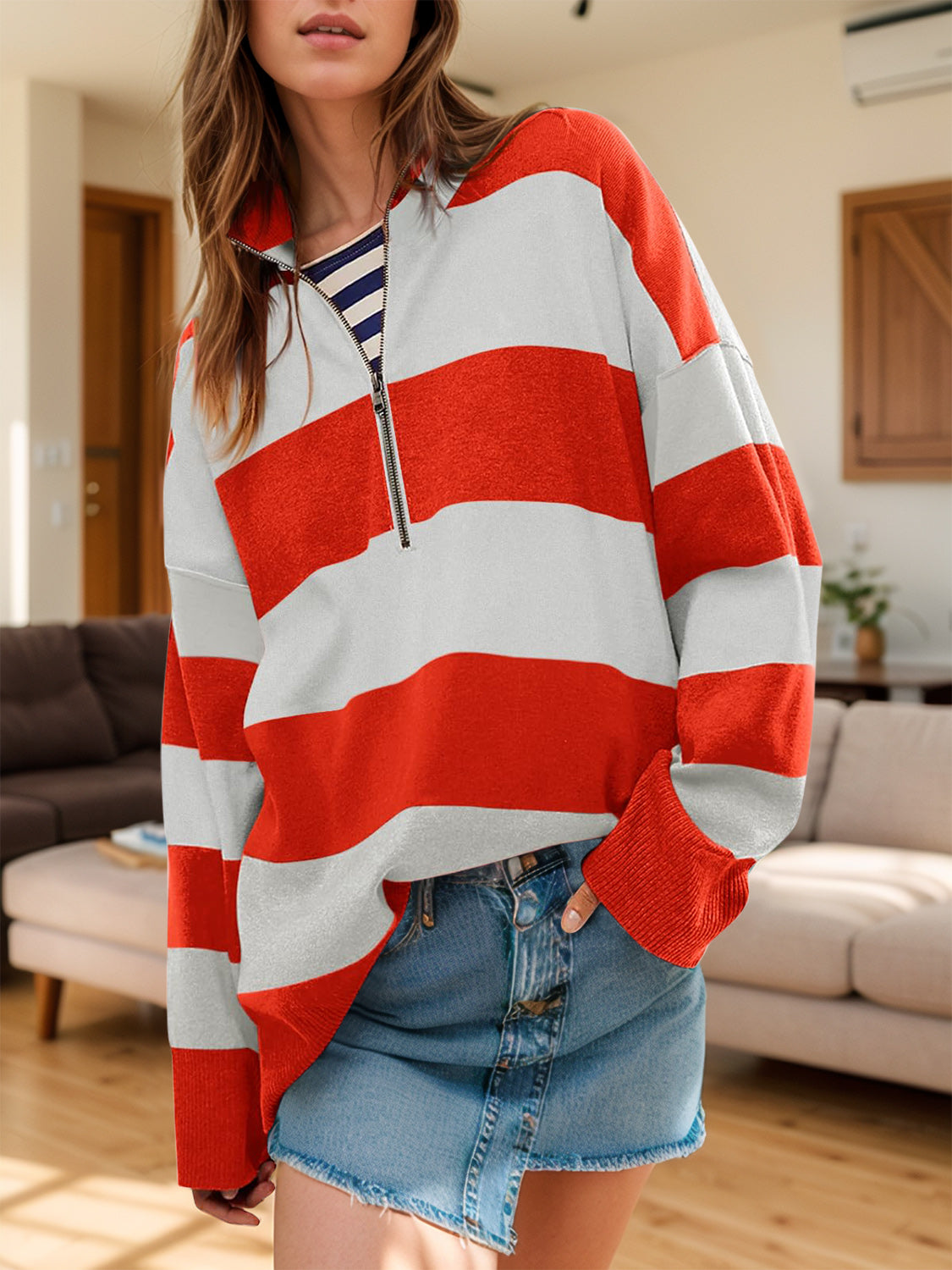 Color Block Half Zip Long Sleeve Sweater - Charming Charlie