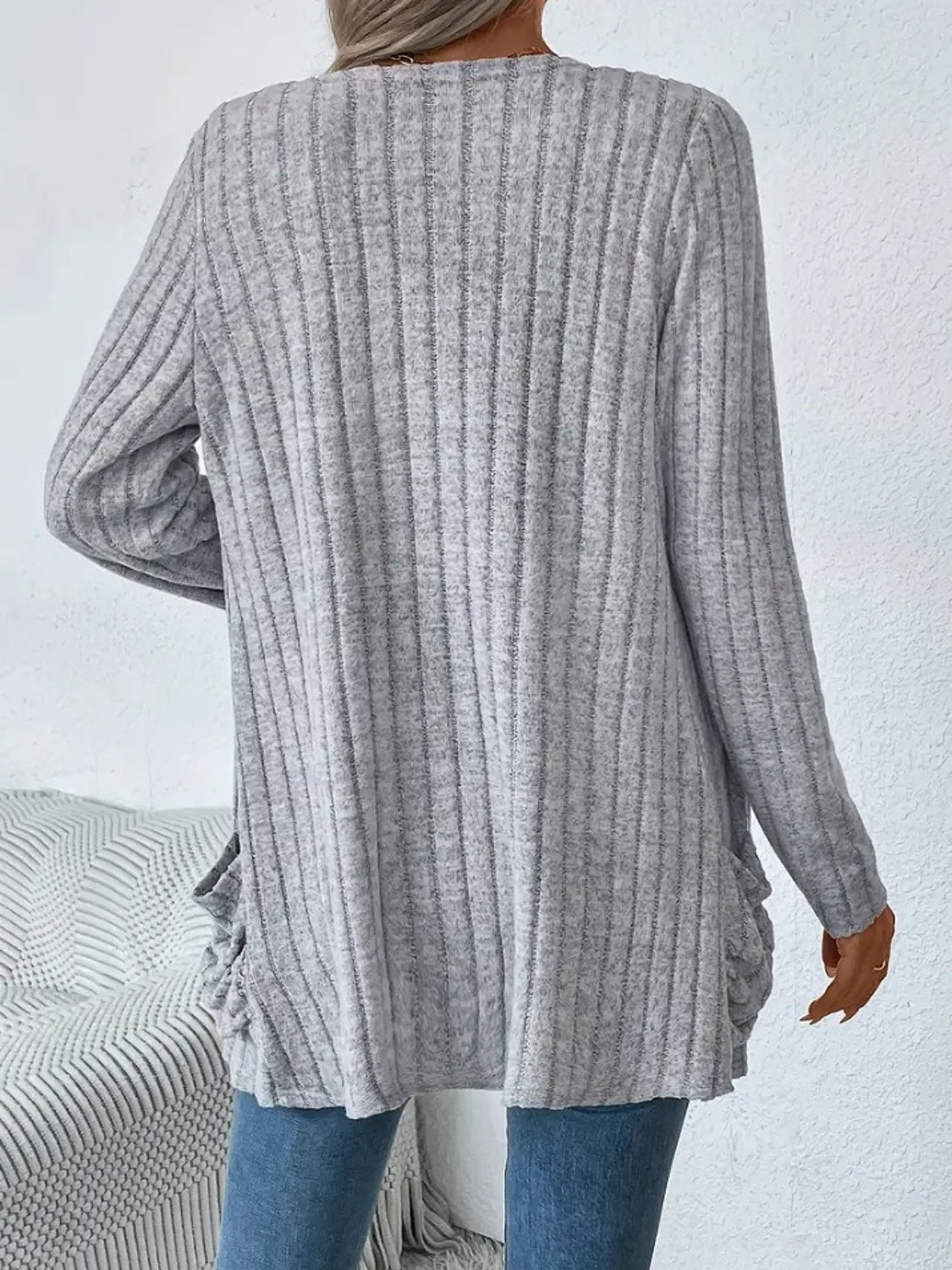 Ribbed Open Front Long Sleeve Cardigan with Pockets - Charming Charlie