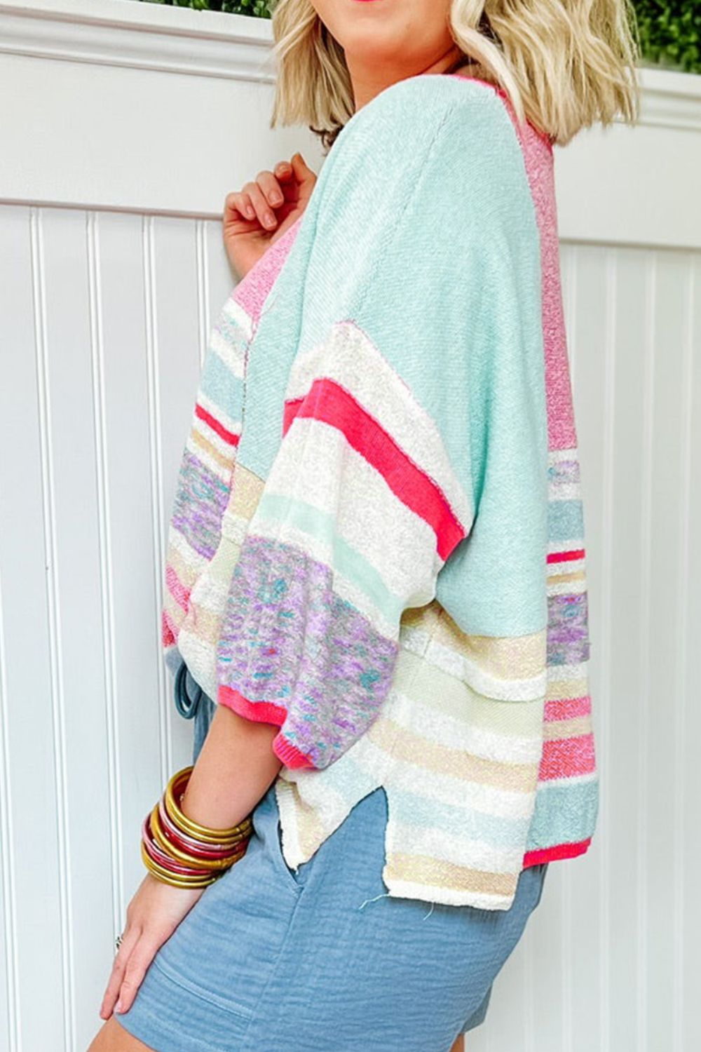 Contrast Round Neck Three-Quarter Sleeve Knit Top - Charming Charlie