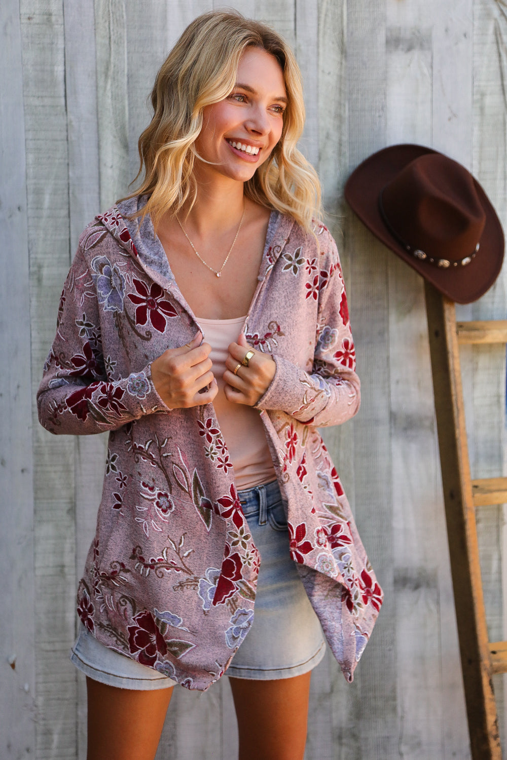 Find Love Bronze Long Sleeve Floral Print Open Cardigan Hoodie - Charming Charlie