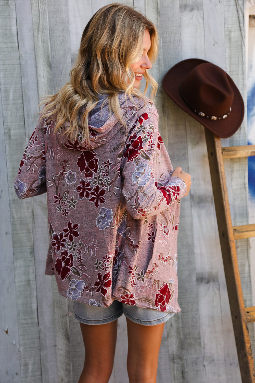 Find Love Bronze Long Sleeve Floral Print Open Cardigan Hoodie - Charming Charlie
