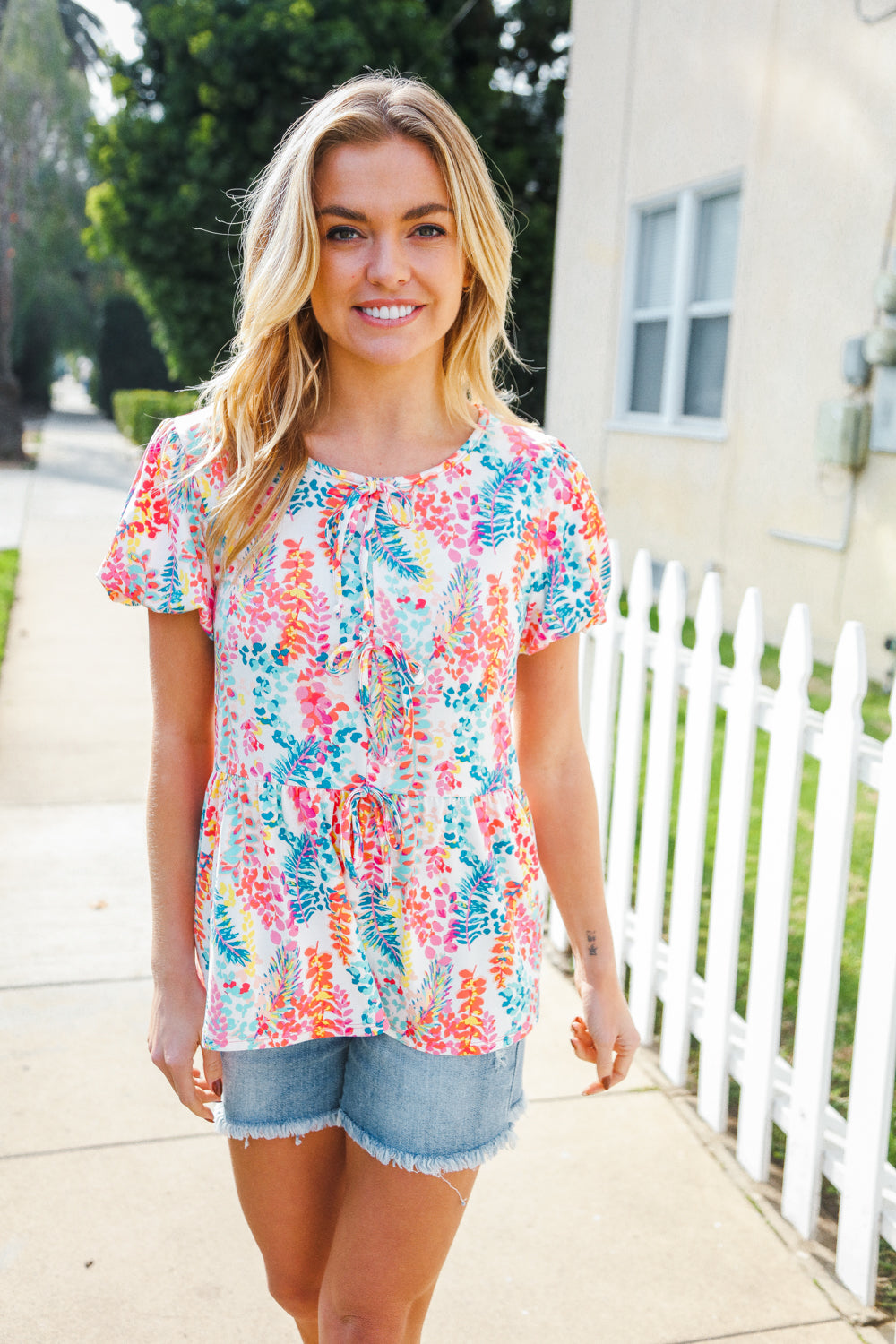 Perfect Find Ivory Floral Leaf Print Short Sleeve Babydoll Top - Charming Charlie