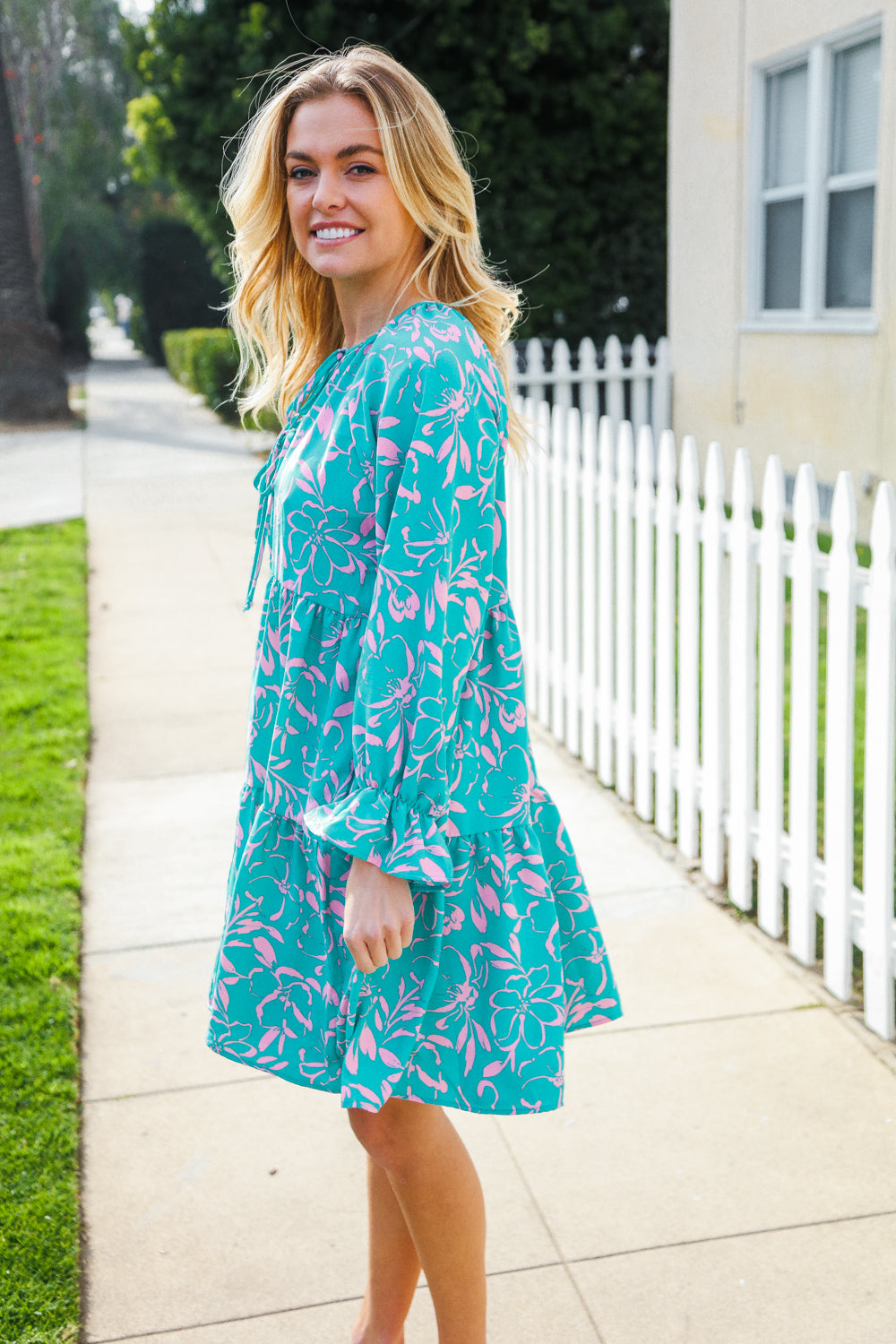 Boho Romance Mint Floral Print Front Ribbon Bow Tiered Dress - Charming Charlie