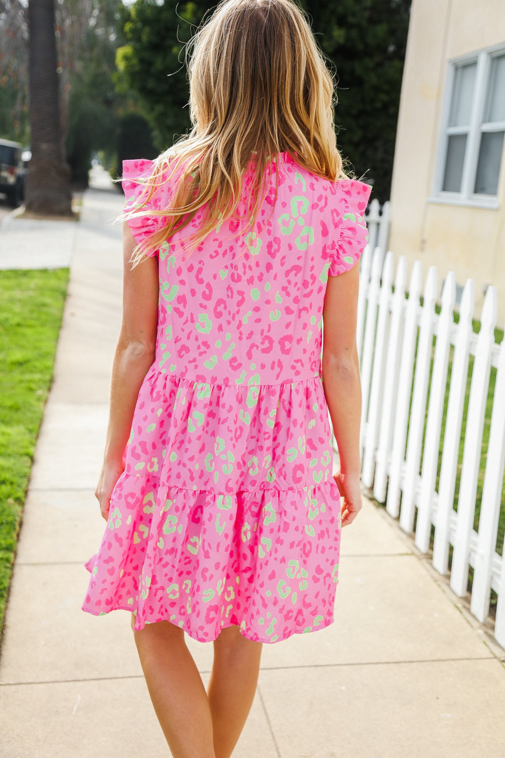 Meet Me in Pink Multicolor Leopard Print Frill Neck Dress - Charming Charlie