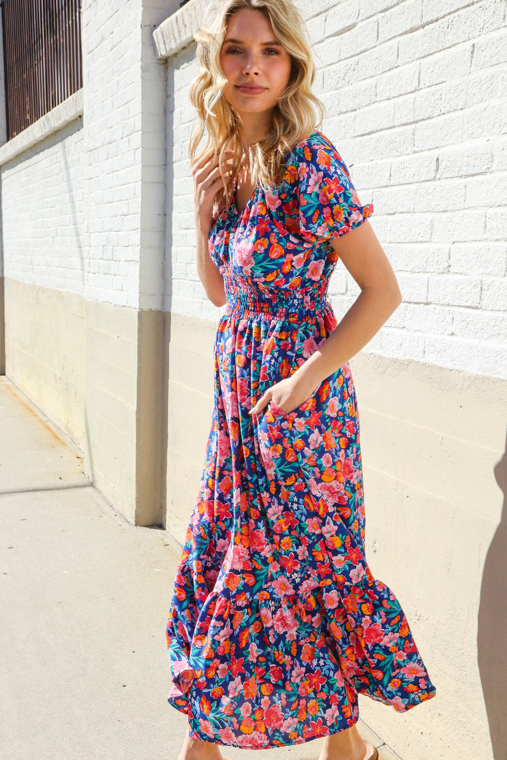 Find Love Blue Floral Raglan Puff Sleeves V Neck Smocked Waist Maxi - Charming Charlie