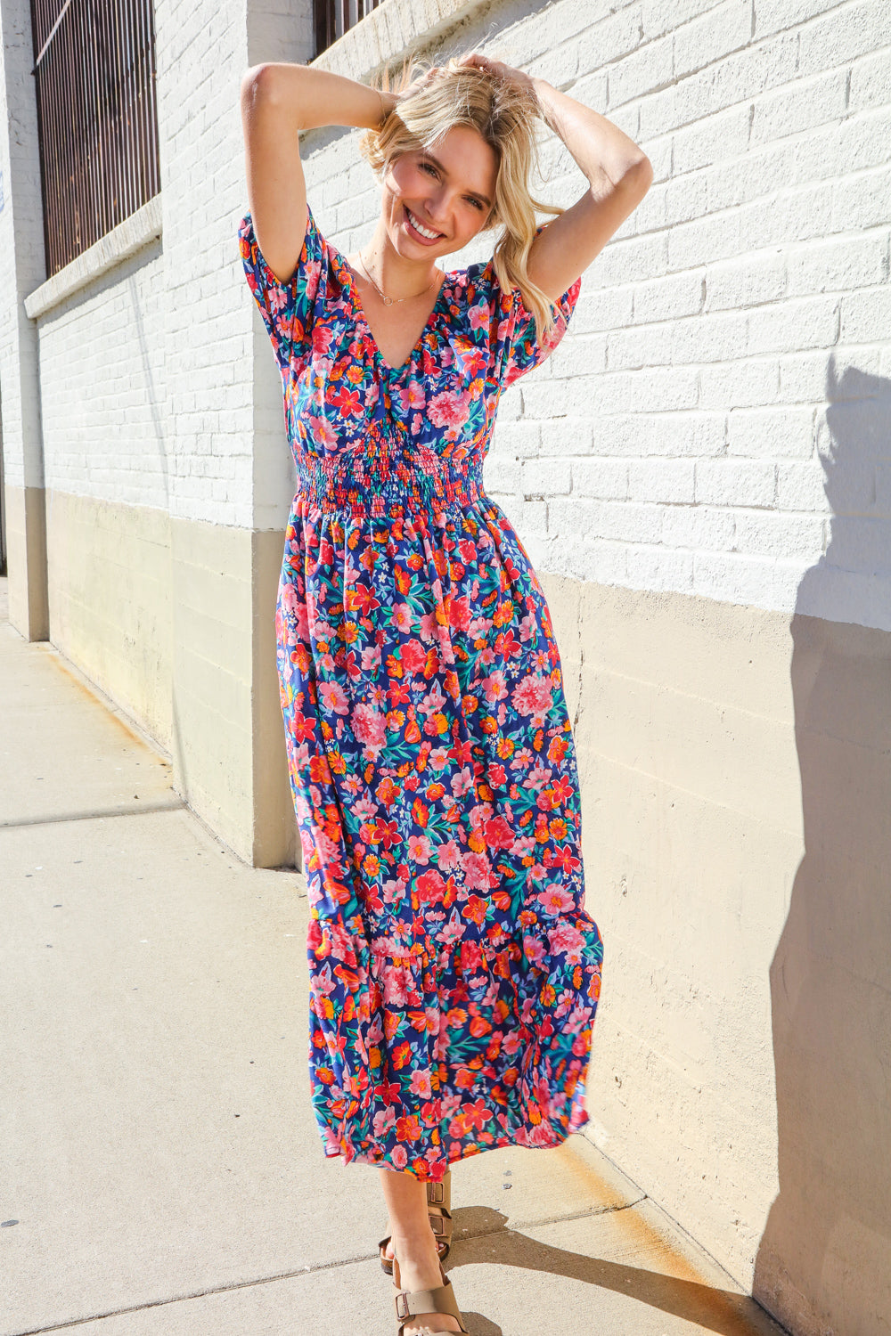 Find Love Blue Floral Raglan Puff Sleeves V Neck Smocked Waist Maxi - Charming Charlie