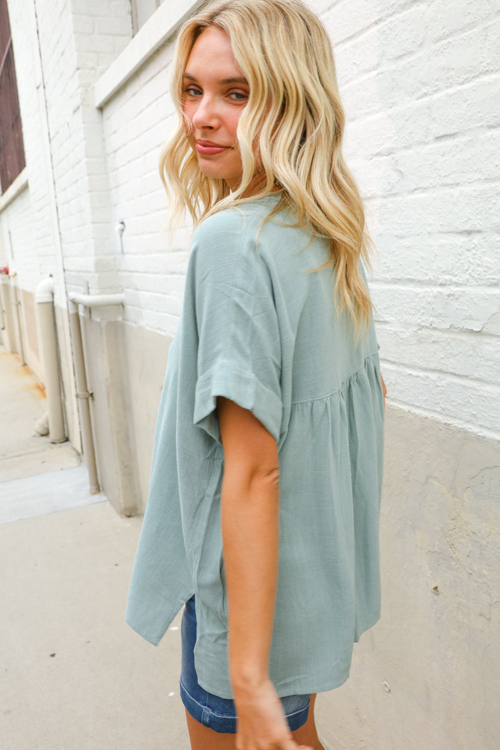 Casual Chic Sage Linen Notch Neck Dolman Short Sleeve Top - Charming Charlie