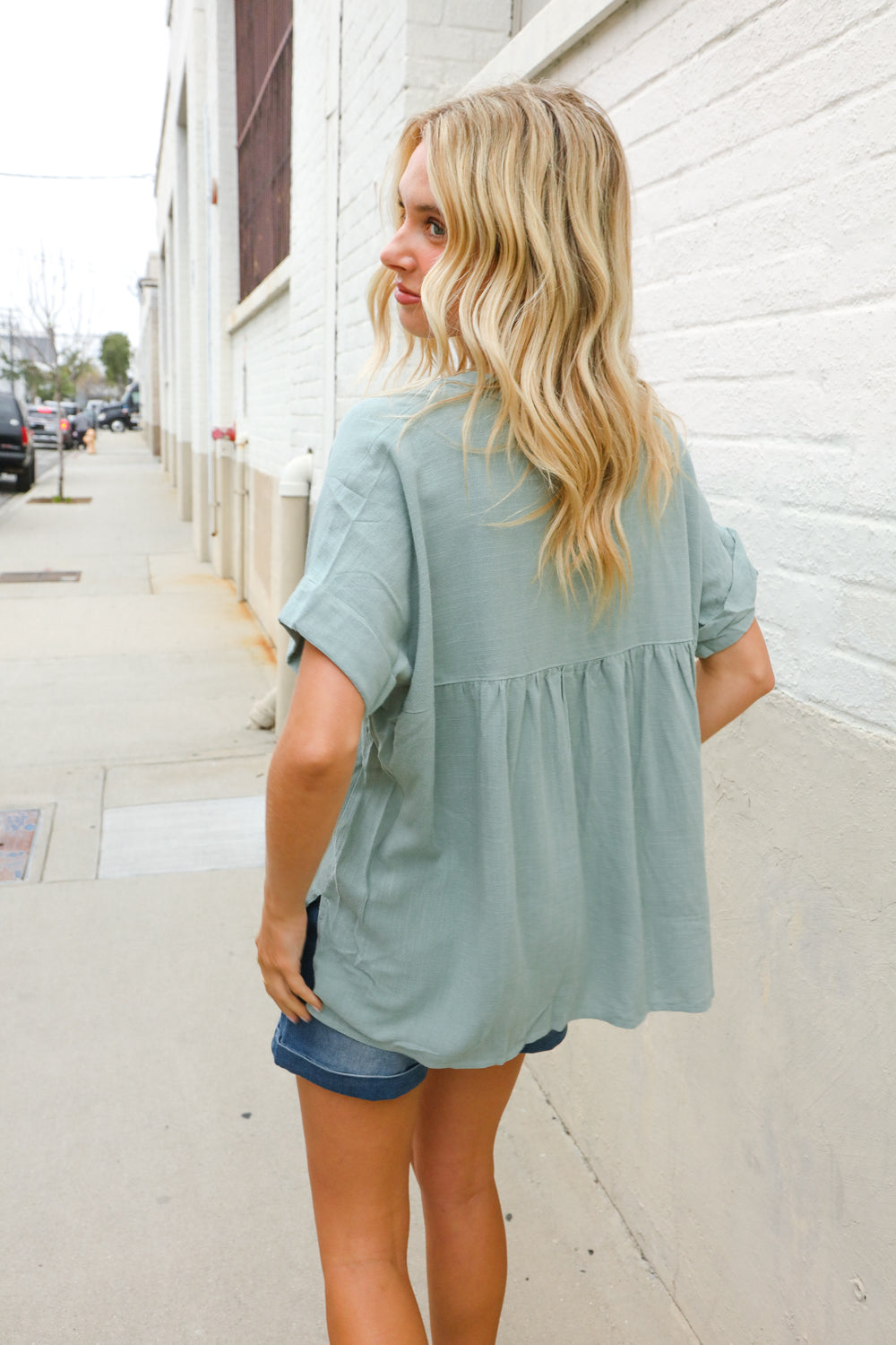 Casual Chic Sage Linen Notch Neck Dolman Short Sleeve Top - Charming Charlie