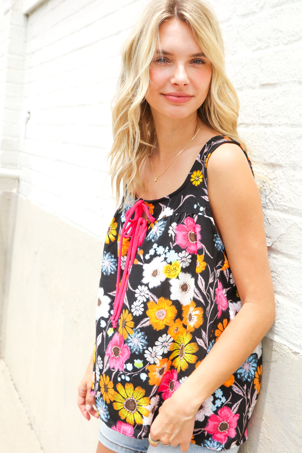Flower Power Black Sleeveless Babydoll Bow Tie Top - Charming Charlie