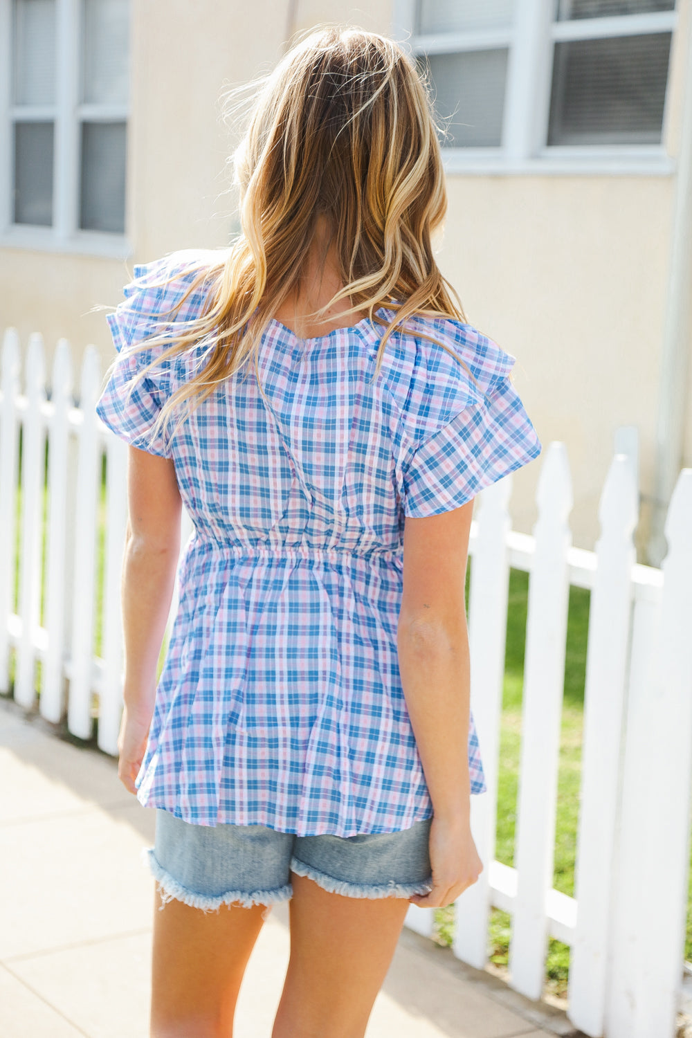 Hello Beautiful Blue Plaid V Neck Ruffle Elastic Babydoll Top - Charming Charlie