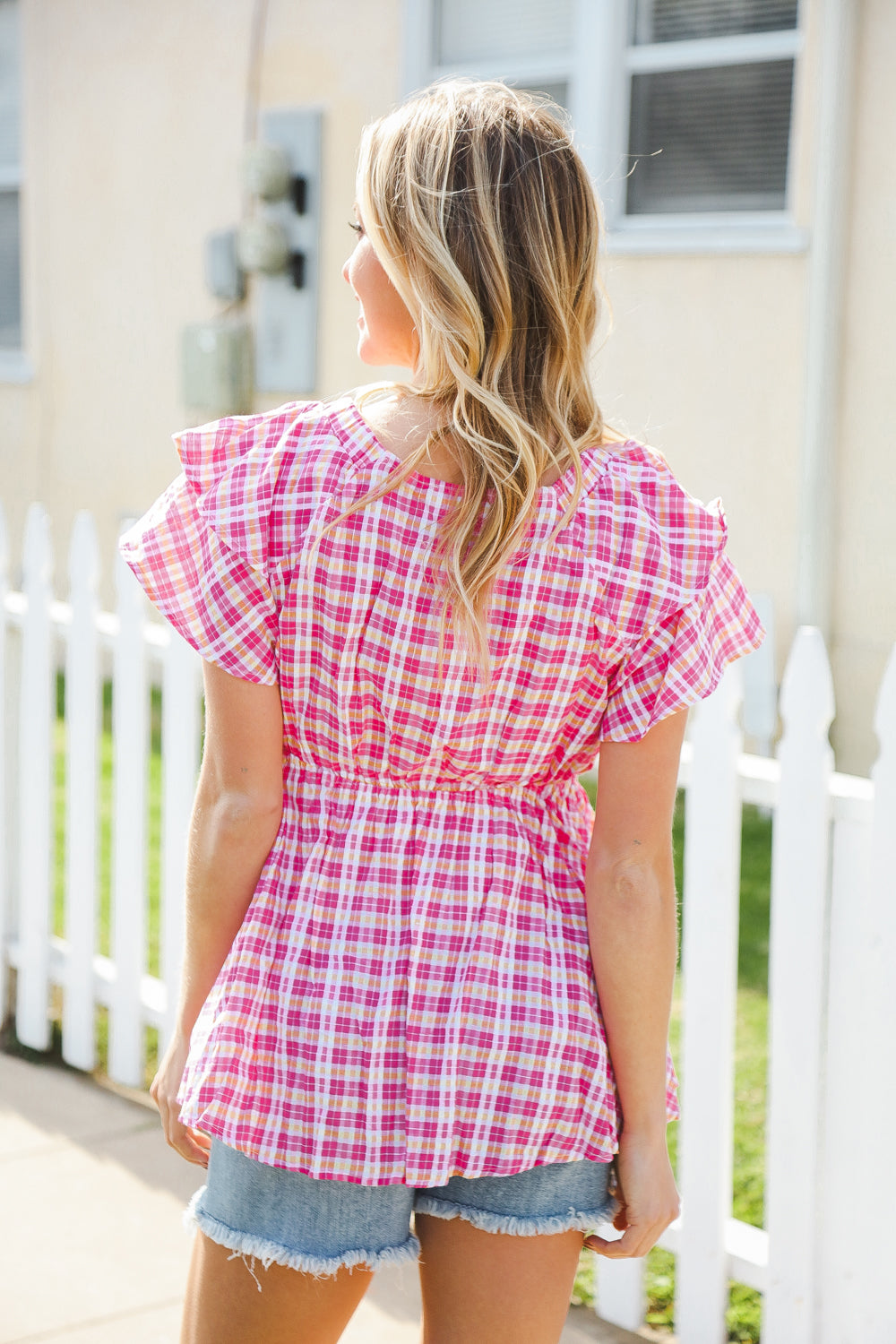 Hello Beautiful Fuchsia Plaid V Neck Ruffle Elastic Babydoll Top - Charming Charlie