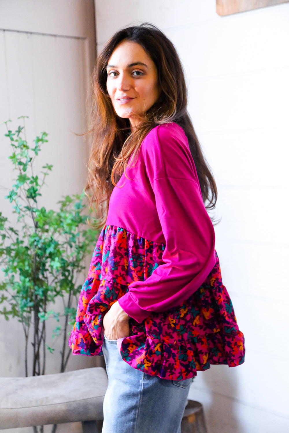 Fuchsia Fizz Drop Shoulder Babydoll Blouse - Charming Charlie