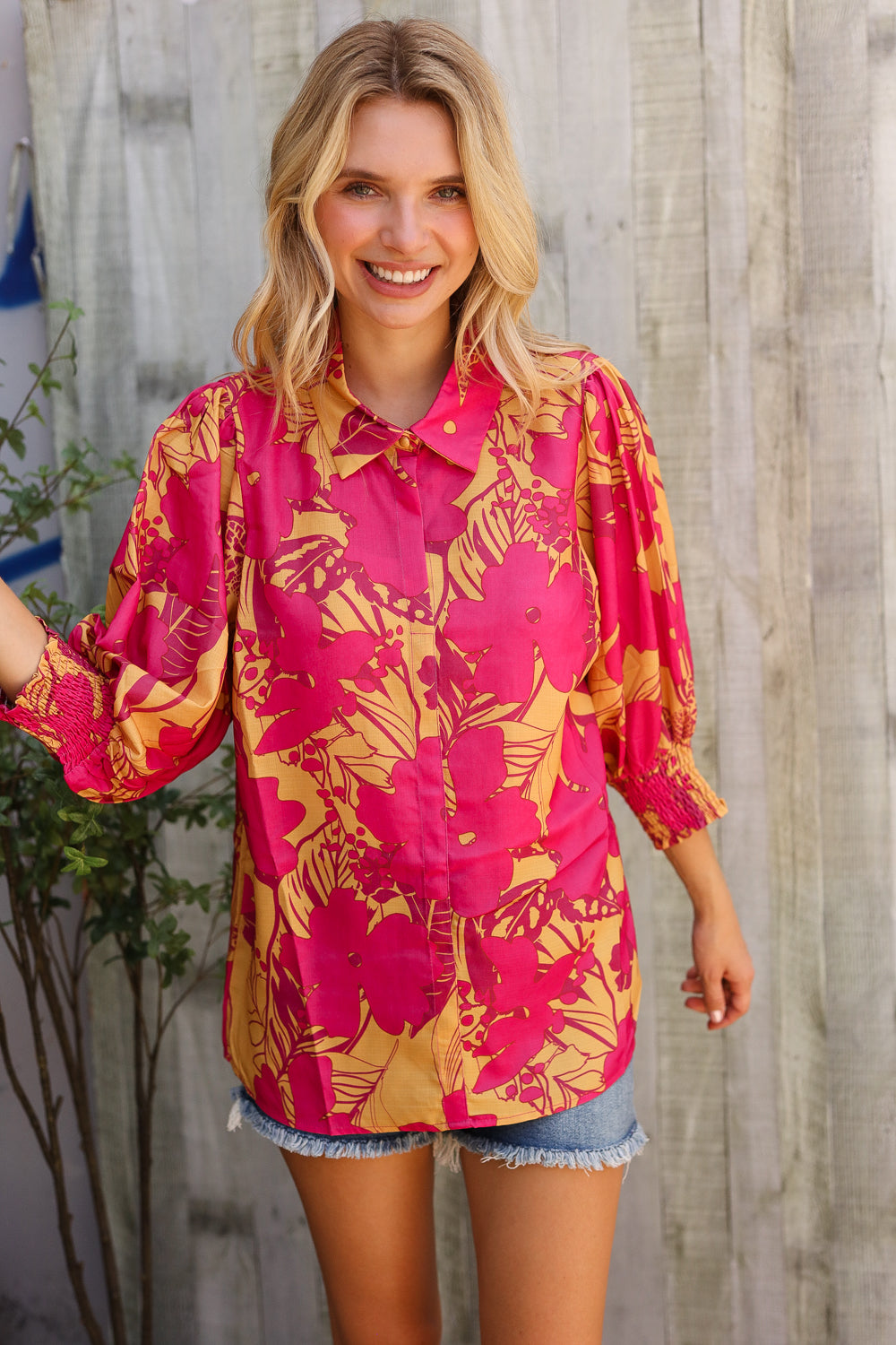 Elegant In Fuchsia Satin Button-Down Smock Long Sleeve Blouse - Charming Charlie