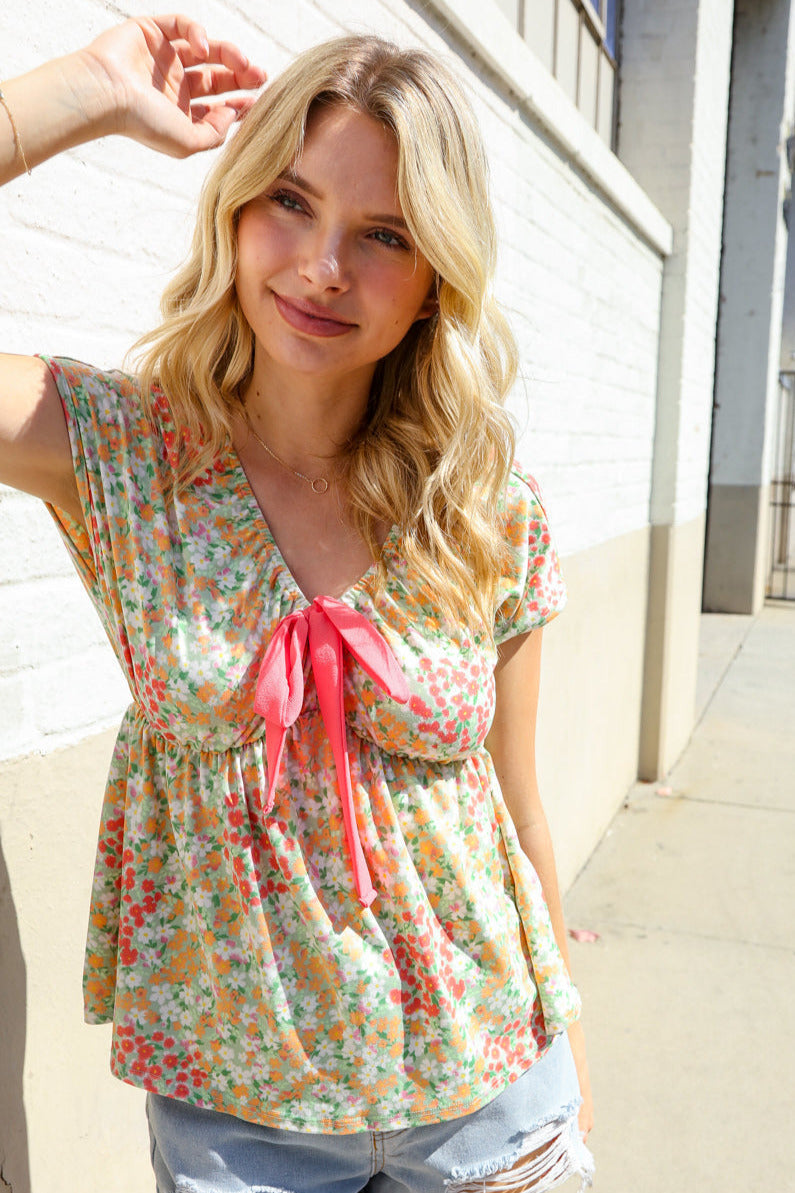 Be Charming Sage Floral Print Elastic Neck Ribbon Bow Tie Top - Charming Charlie