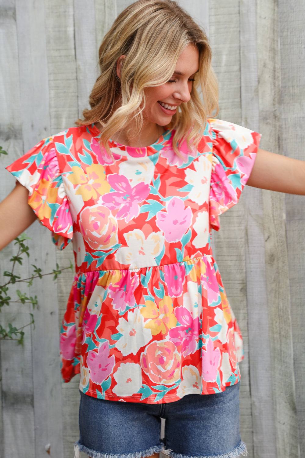 Feeling Femme' Coral Floral Print Folded Short Sleeve Babydoll Top - Charming Charlie
