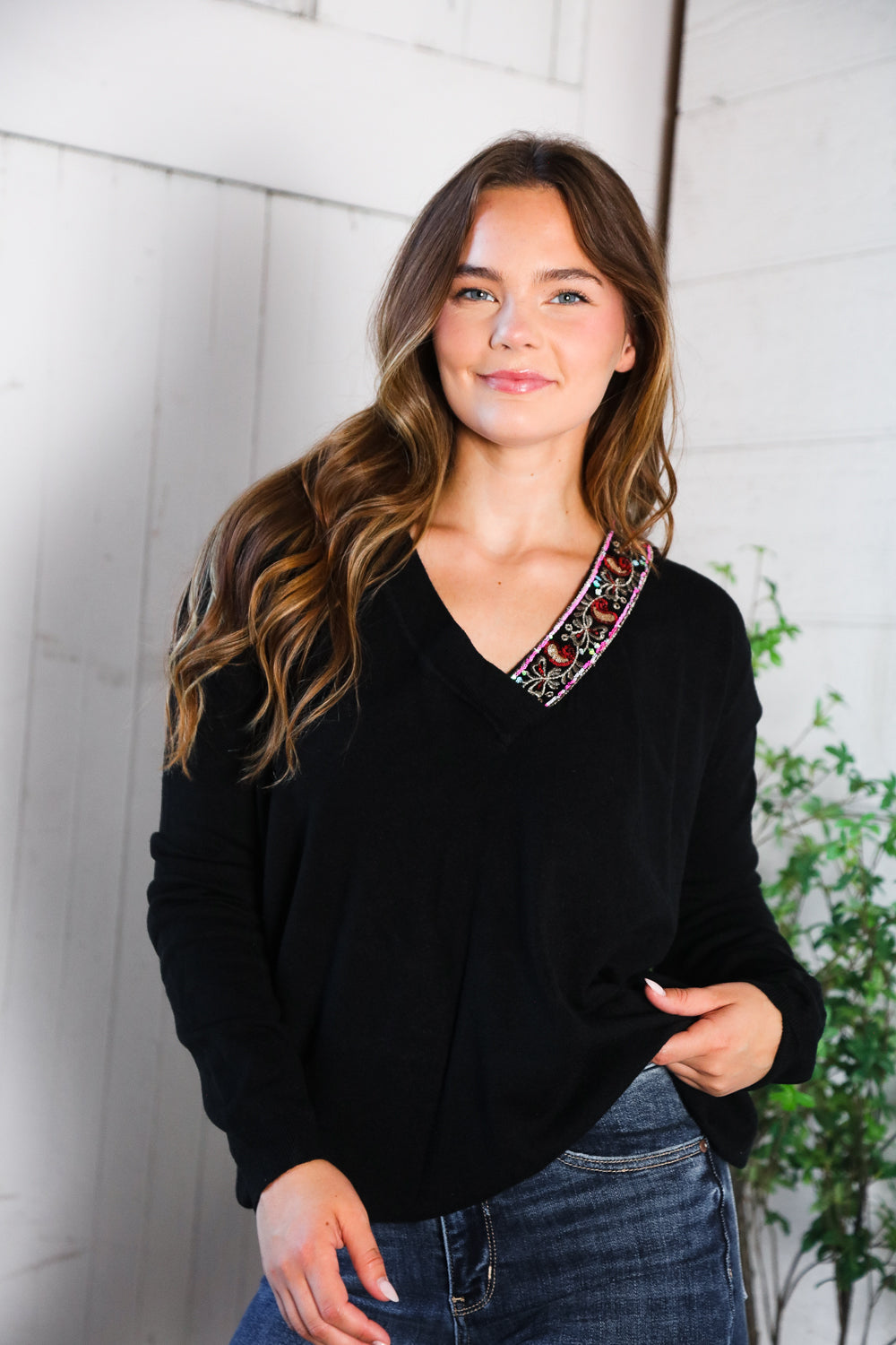 Twilight Charms Beaded V Neck Sweater - Charming Charlie