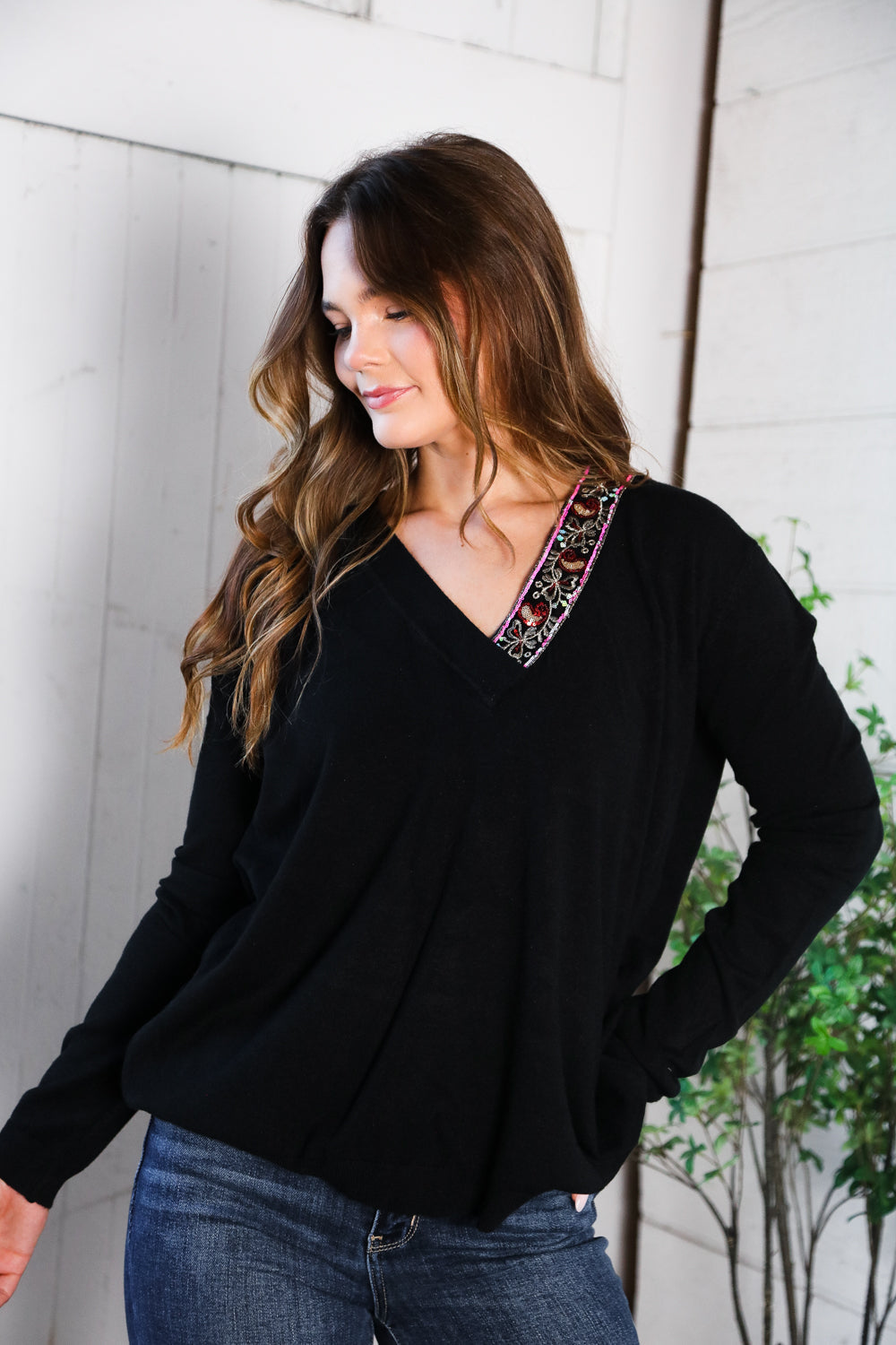 Twilight Charms Beaded V Neck Sweater - Charming Charlie