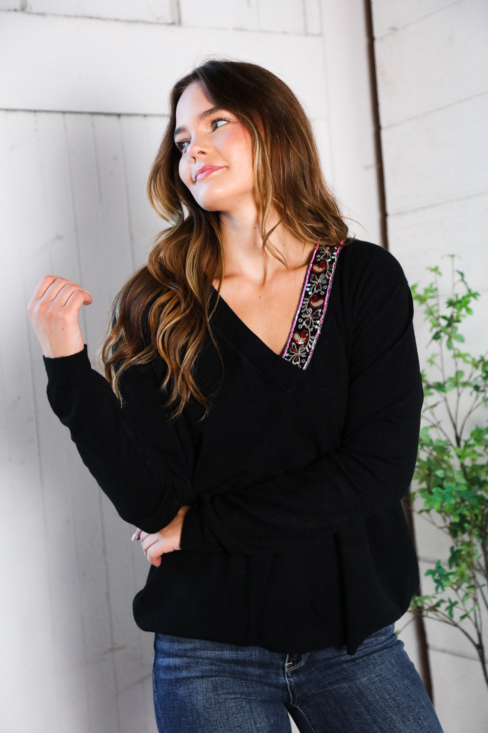 Twilight Charms Beaded V Neck Sweater - Charming Charlie