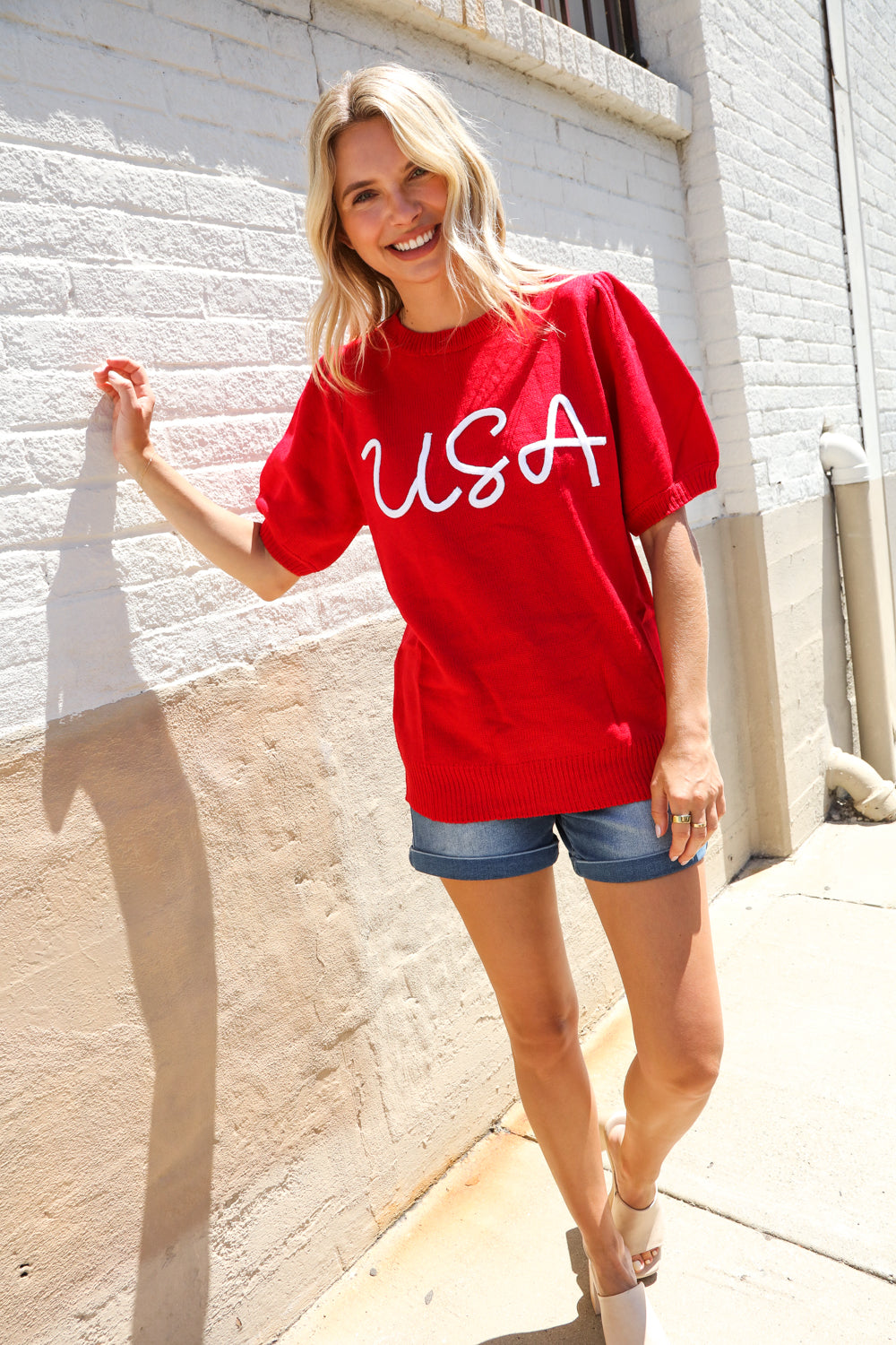 Patriotic USA Red Knit Embroidery Puff Sleeve Sweater Top - Charming Charlie