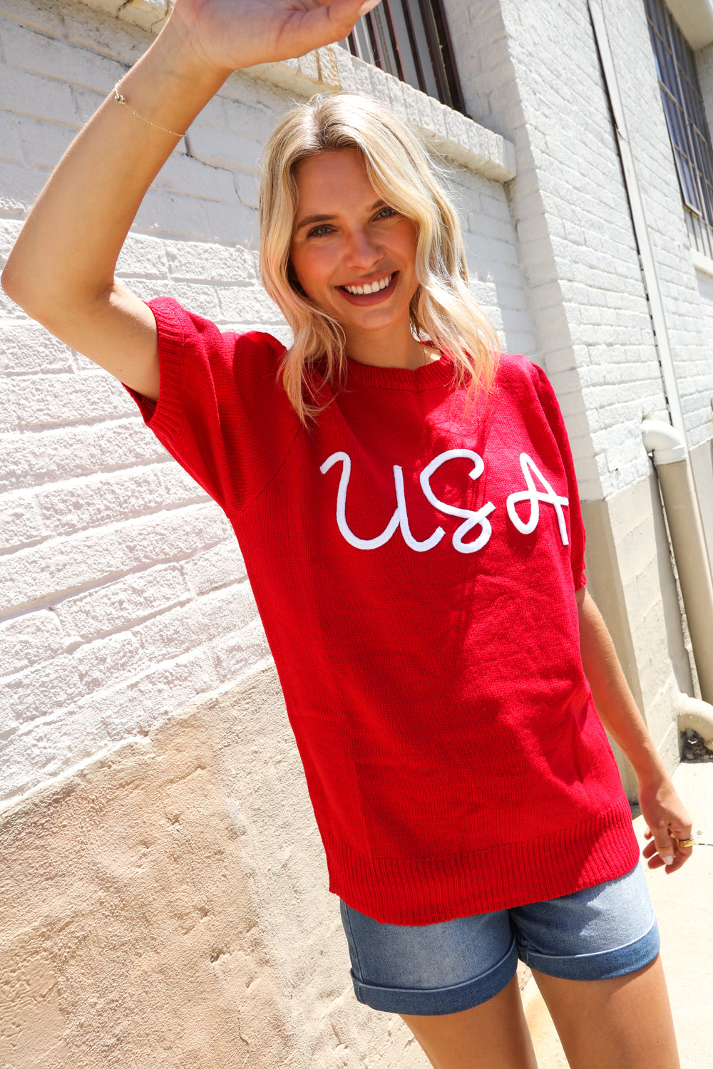 Patriotic USA Red Knit Embroidery Puff Sleeve Sweater Top - Charming Charlie