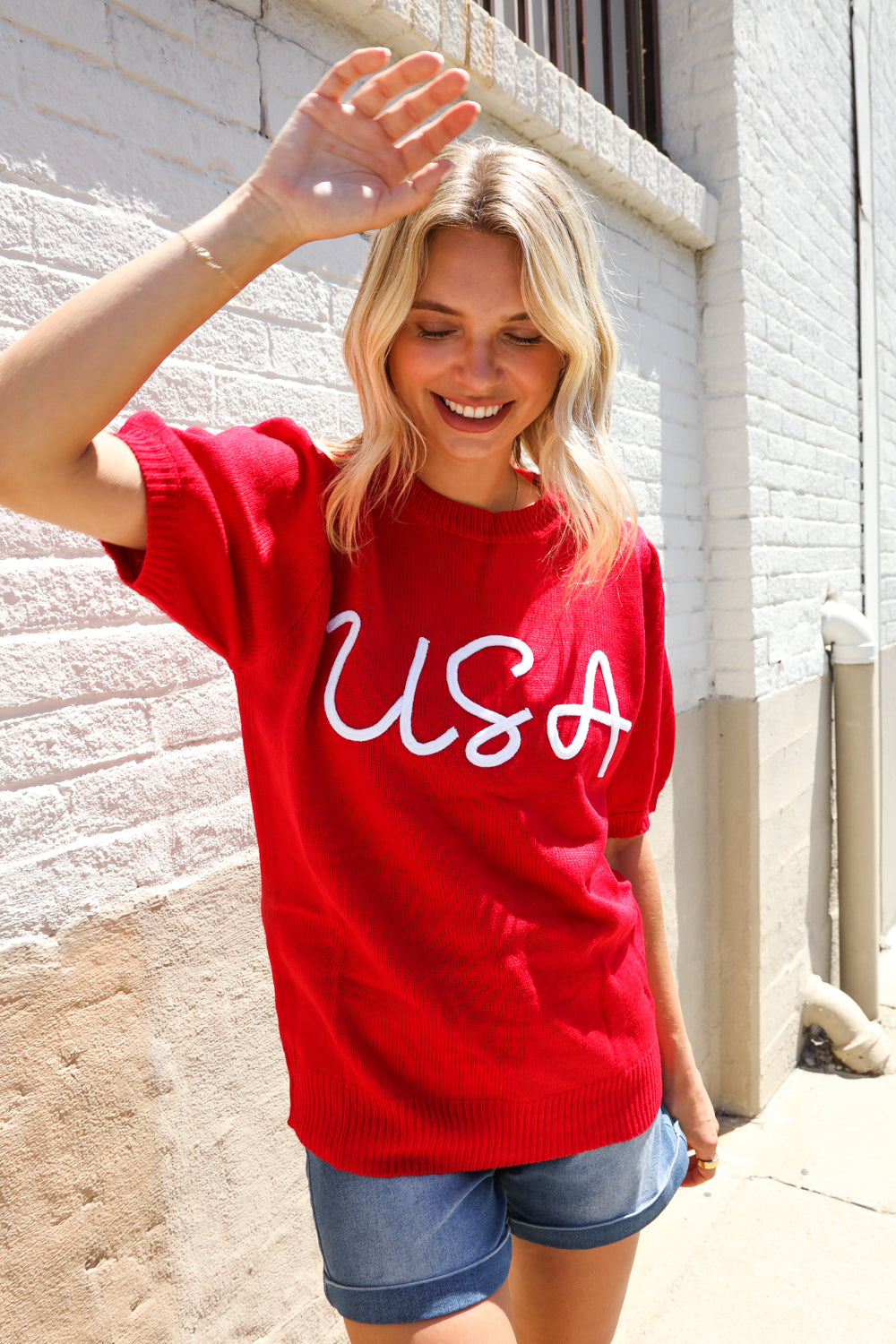 Patriotic USA Red Knit Embroidery Puff Sleeve Sweater Top - Charming Charlie