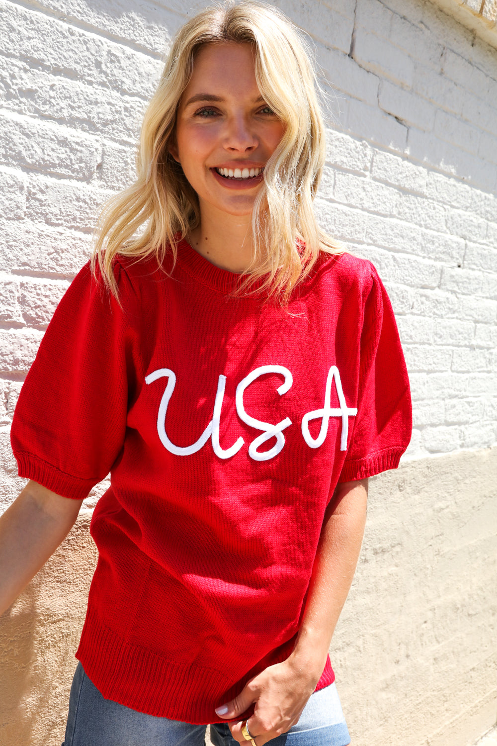 Patriotic USA Red Knit Embroidery Puff Sleeve Sweater Top - Charming Charlie