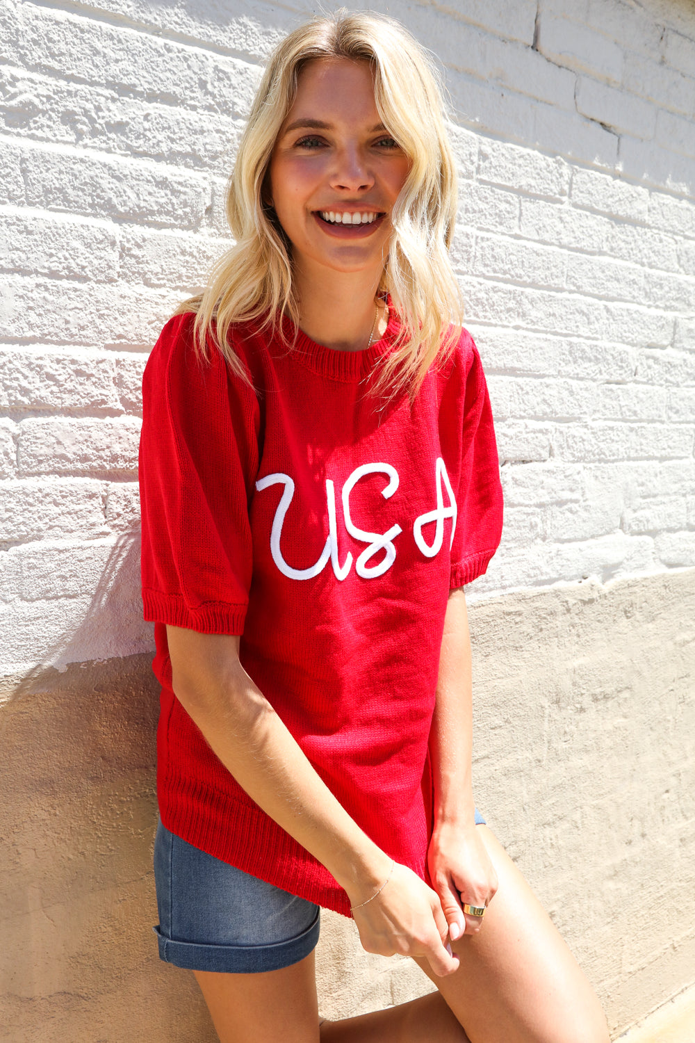 Patriotic USA Red Knit Embroidery Puff Sleeve Sweater Top - Charming Charlie