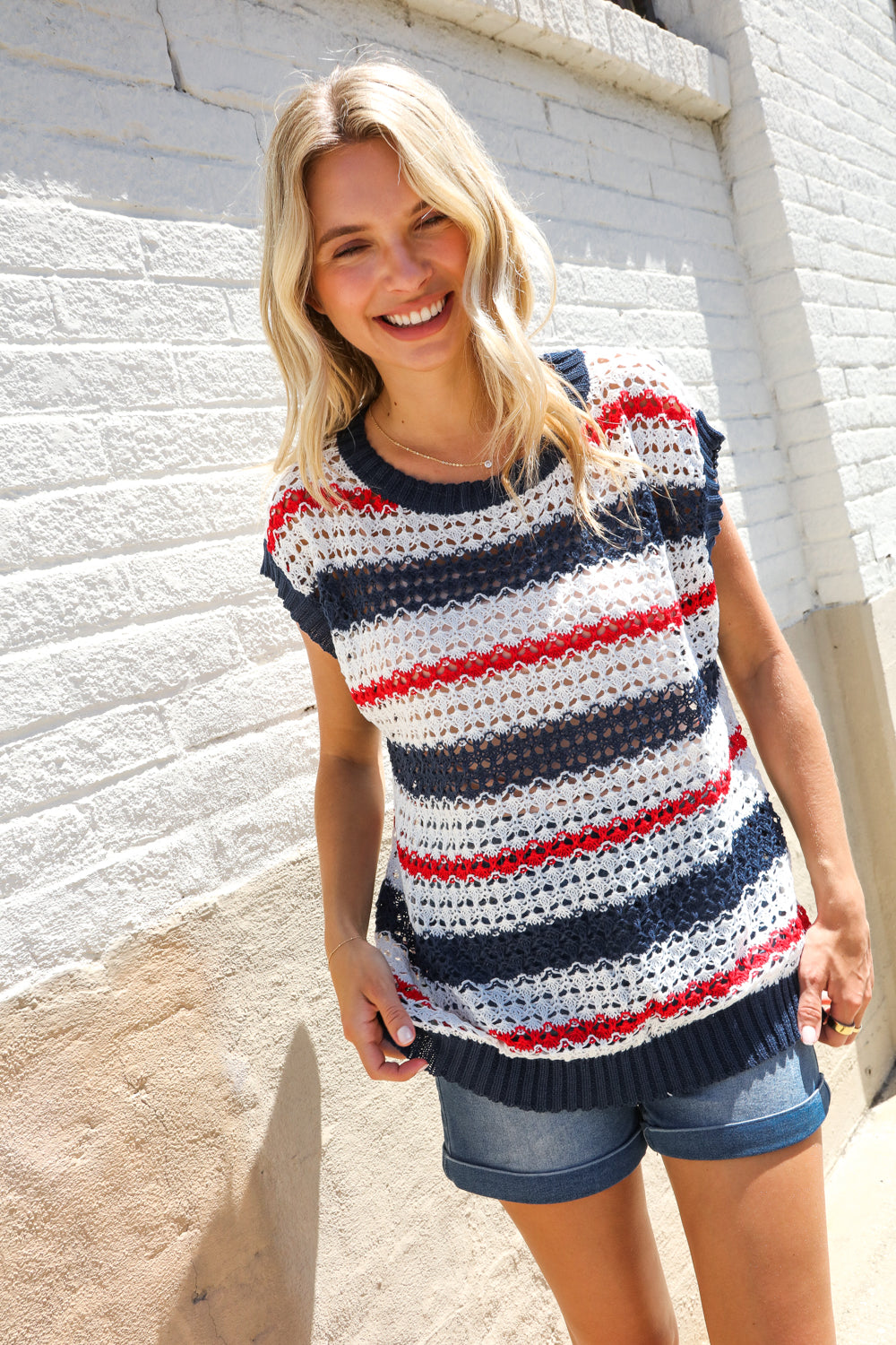 Feeling Festive Red White & Blue Striped Crochet Sweater Top - Charming Charlie