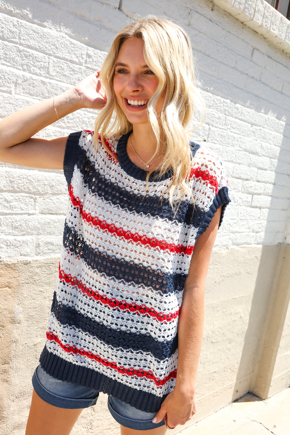 Feeling Festive Red White & Blue Striped Crochet Sweater Top - Charming Charlie