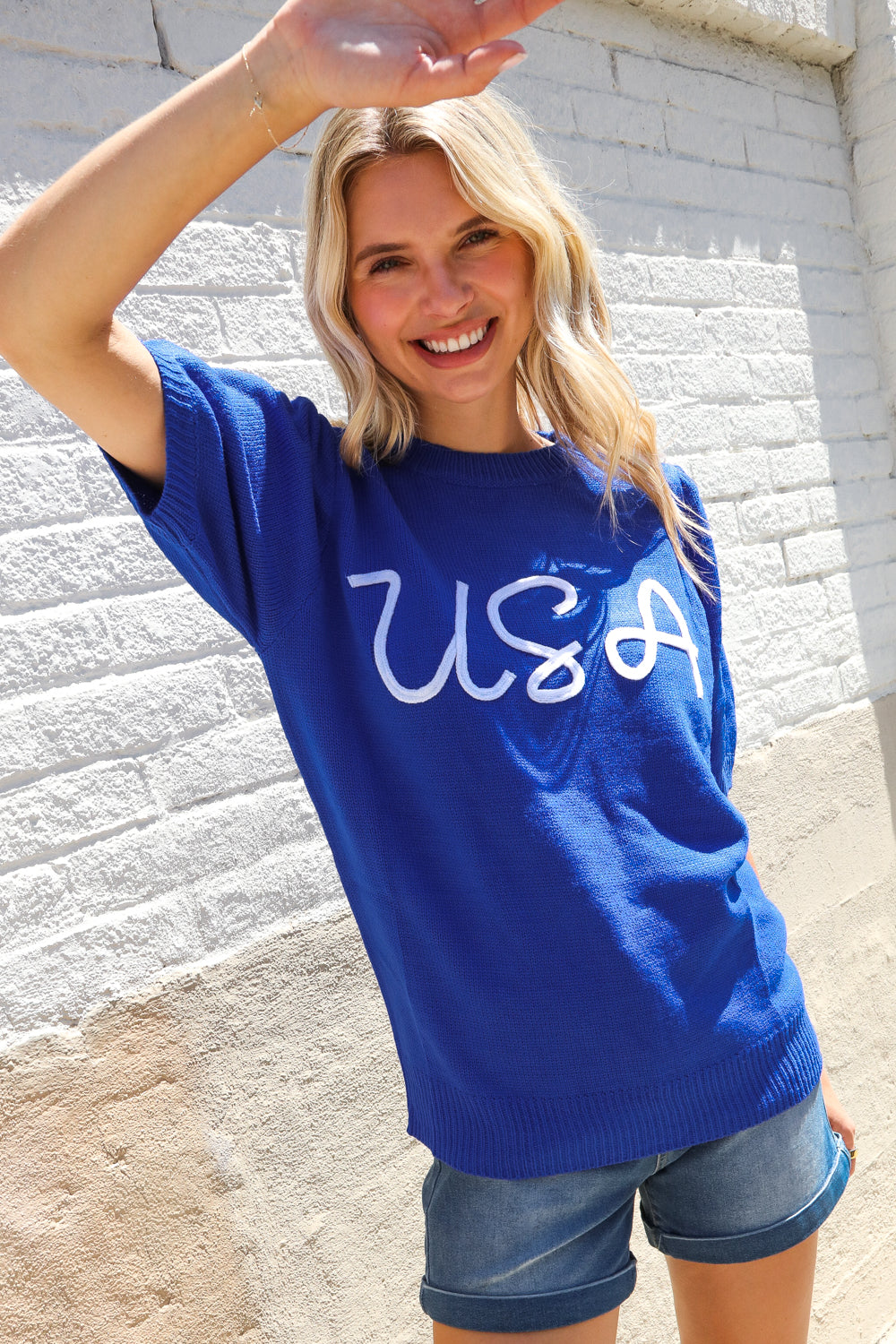 Patriotic USA Blue Knit Embroidery Puff Sleeve Sweater Top - Charming Charlie