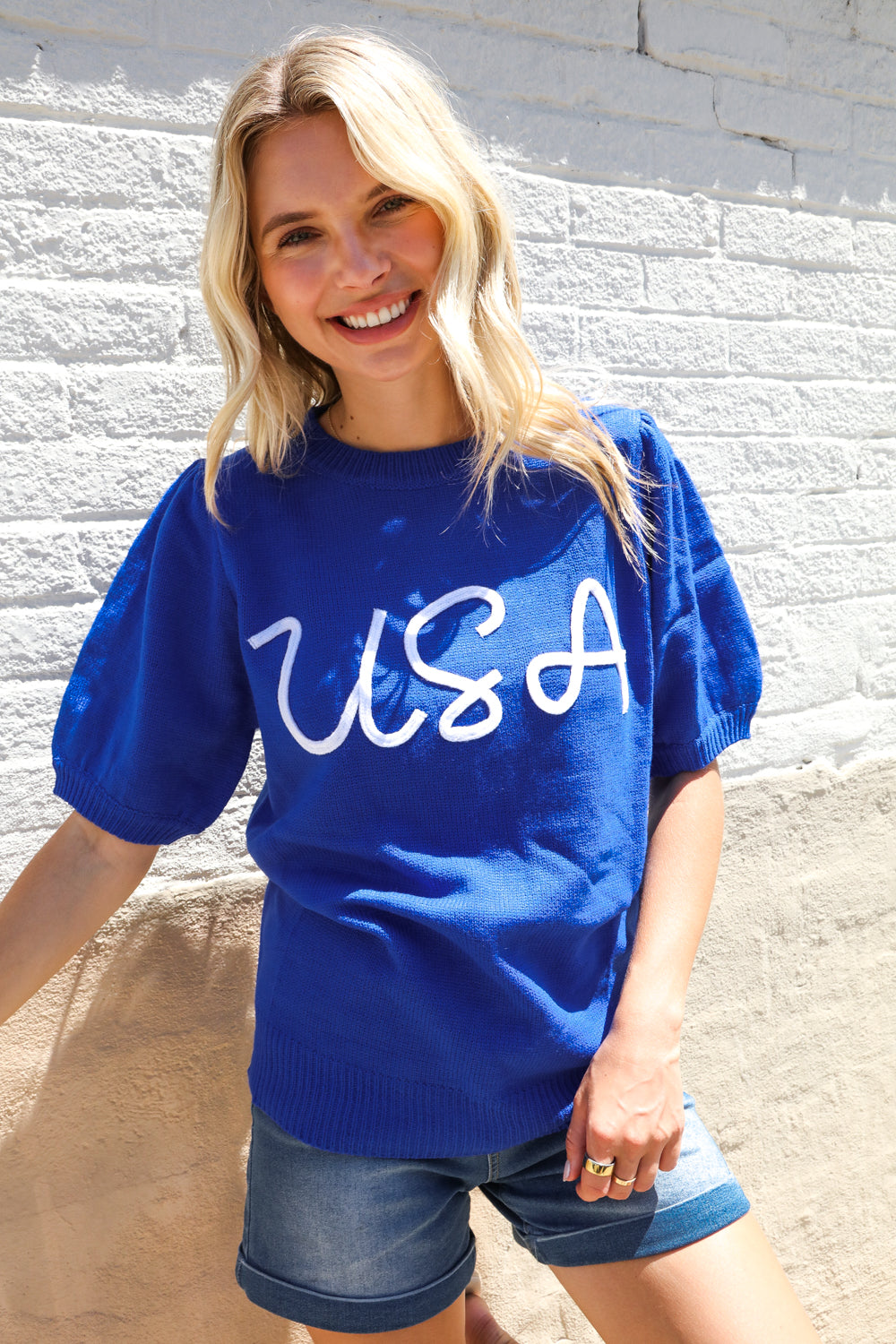 Patriotic USA Blue Knit Embroidery Puff Sleeve Sweater Top - Charming Charlie