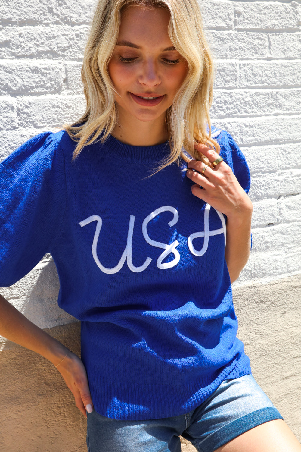 Patriotic USA Blue Knit Embroidery Puff Sleeve Sweater Top - Charming Charlie