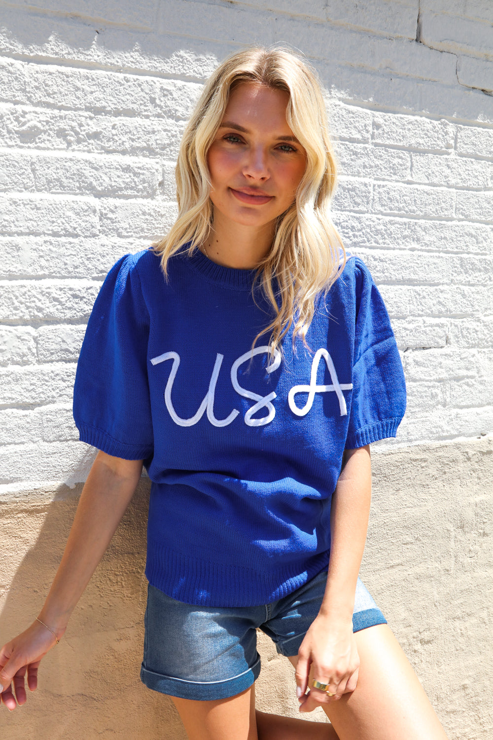 Patriotic USA Blue Knit Embroidery Puff Sleeve Sweater Top - Charming Charlie