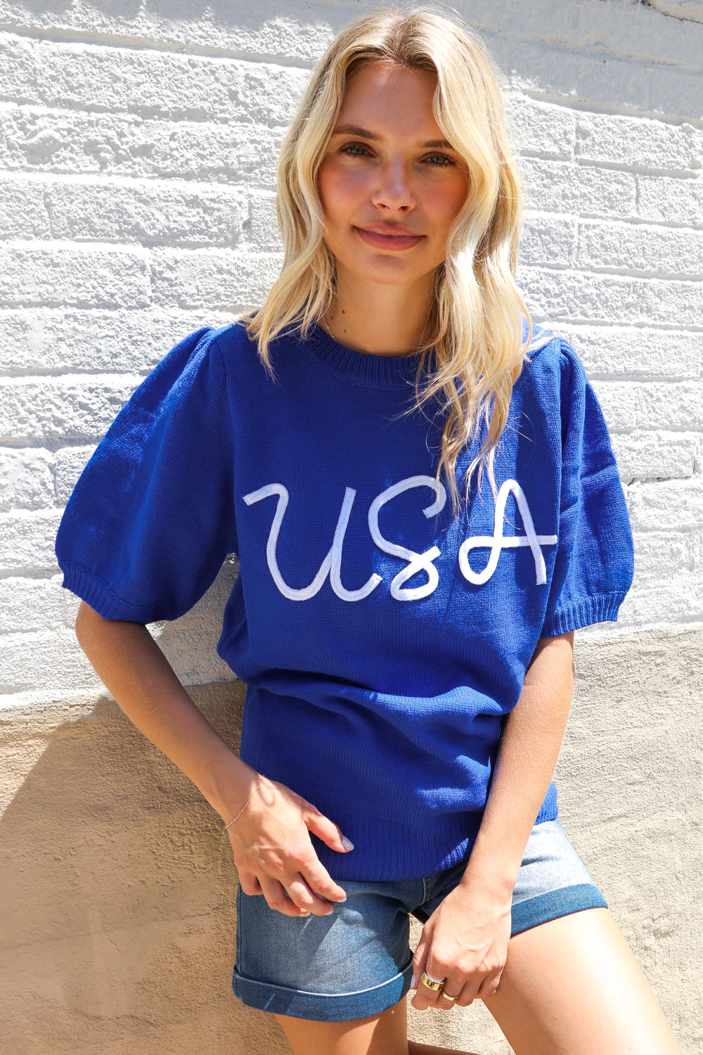 Patriotic USA Blue Knit Embroidery Puff Sleeve Sweater Top - Charming Charlie