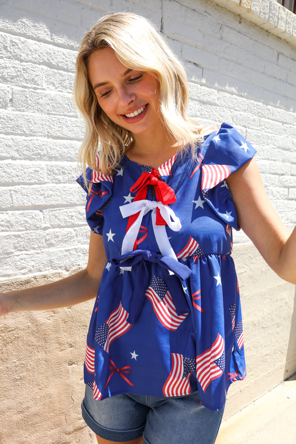 American Flag Blue & Red Stars & Bow Print Woven Top - Charming Charlie