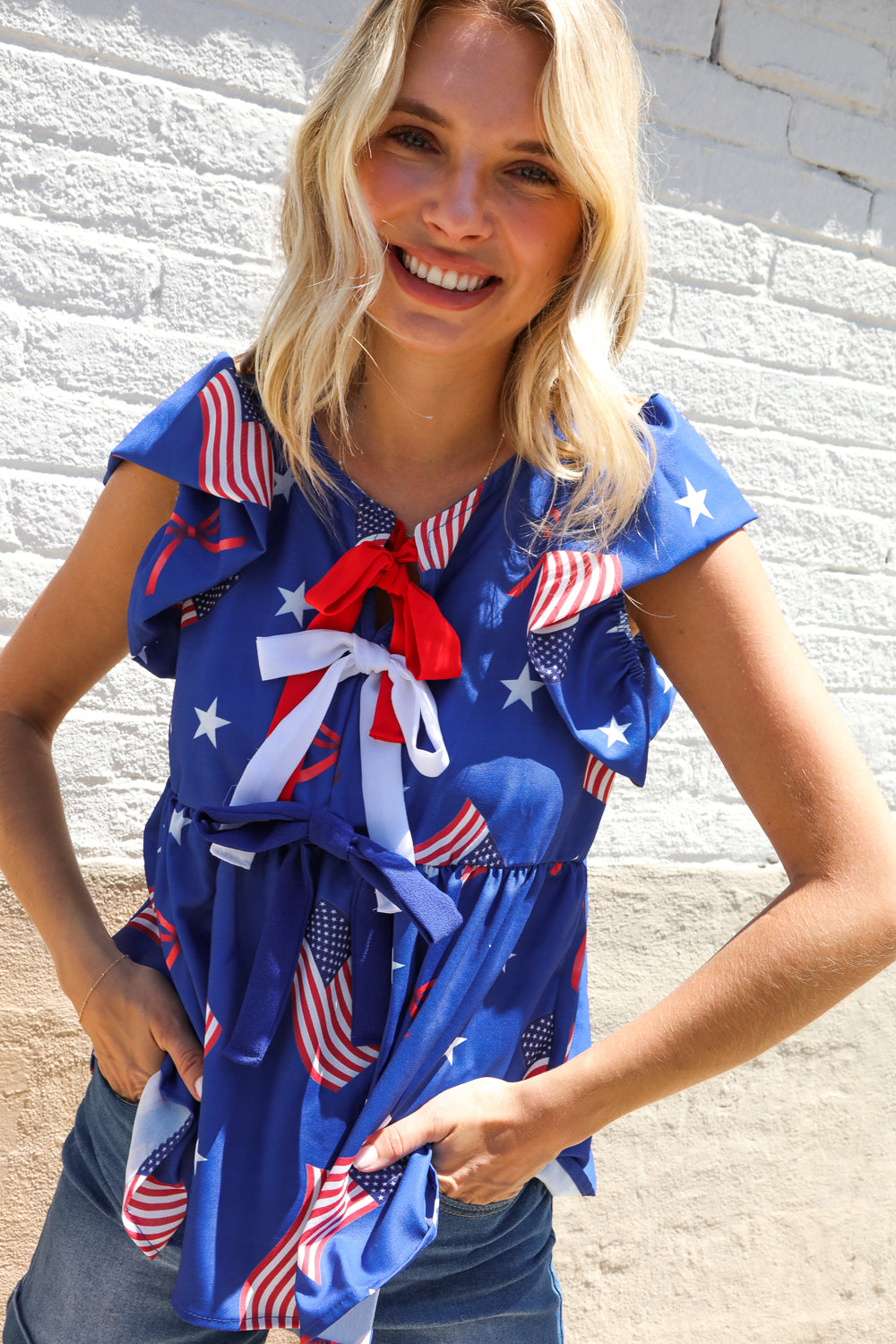 American Flag Blue & Red Stars & Bow Print Woven Top - Charming Charlie
