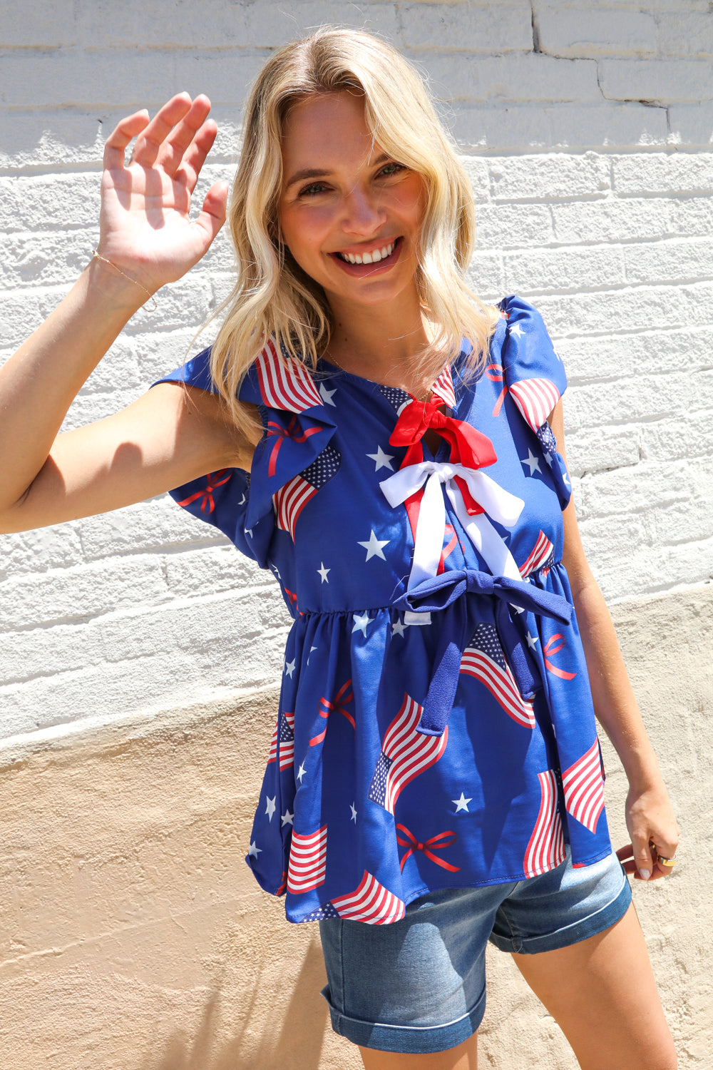 American Flag Blue & Red Stars & Bow Print Woven Top - Charming Charlie