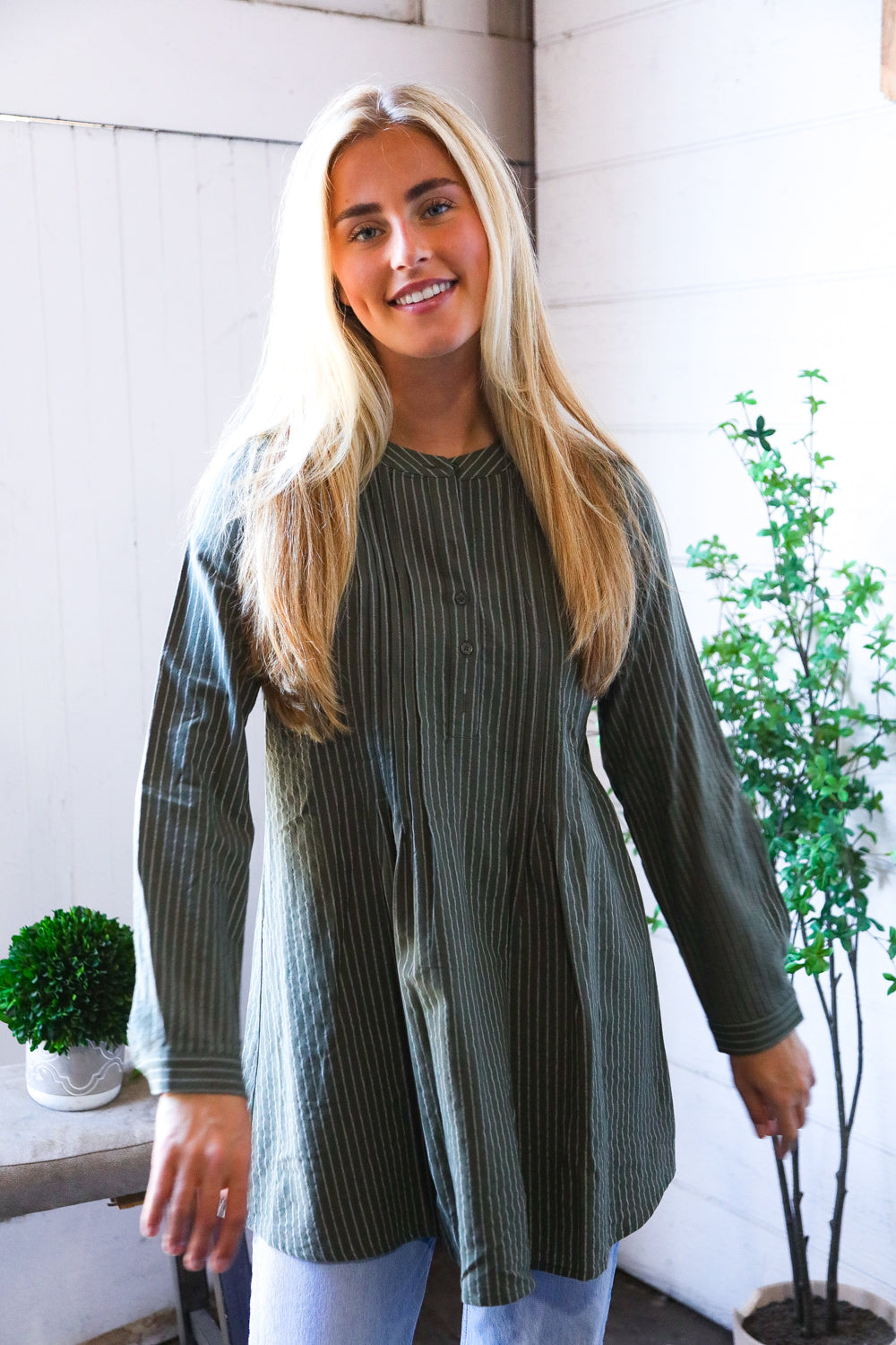 Read Between the Lines Olive Button Cotton Tunic - Charming Charlie