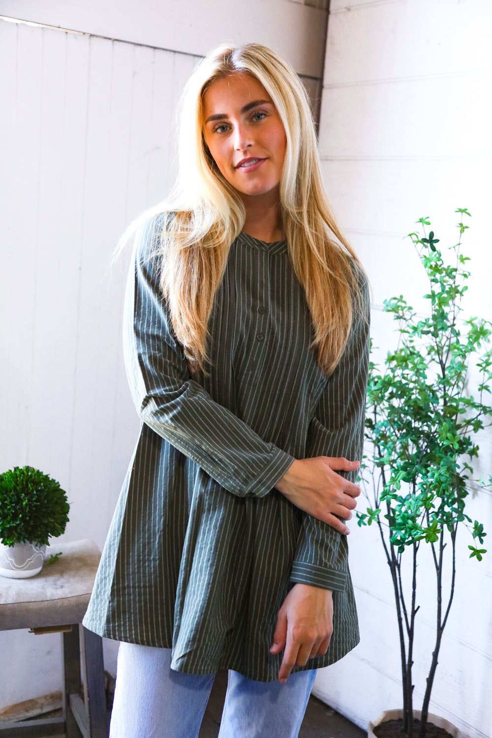 Read Between the Lines Olive Button Cotton Tunic - Charming Charlie