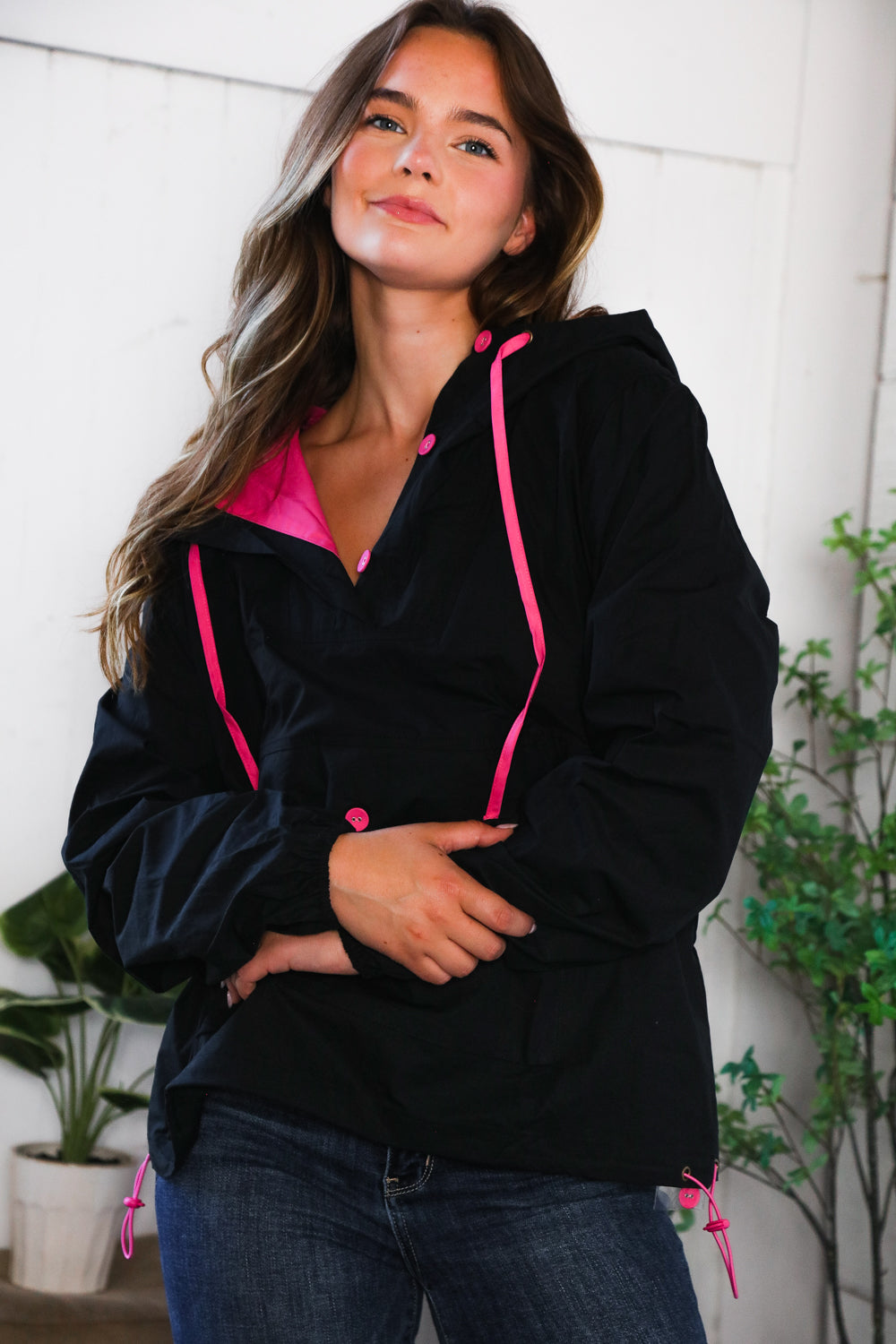 Glow Up Pink and Black Hooded Jacket - Charming Charlie