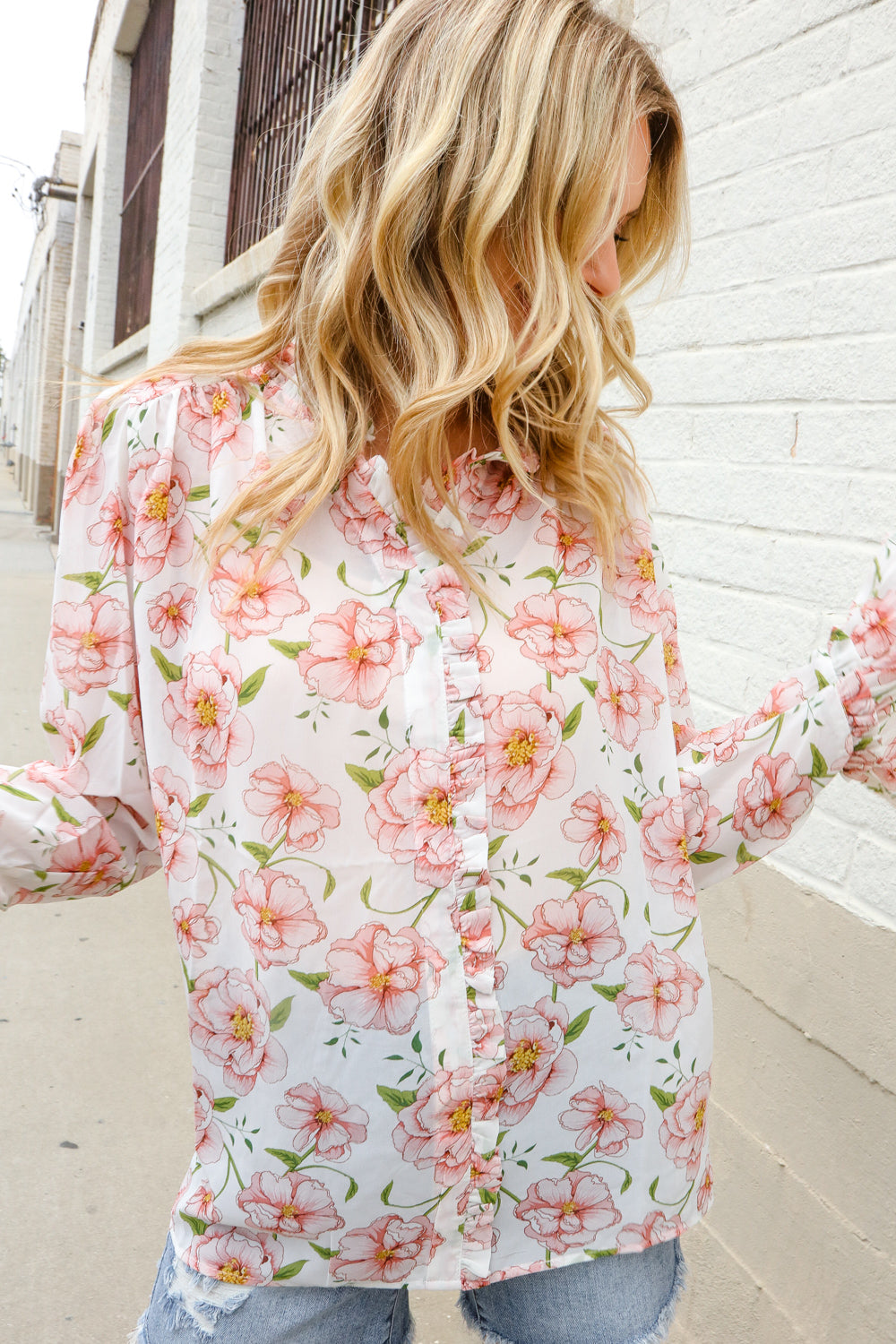 The Feminine Touch Chiffon Button-Down Floral Ruffle Sleeve Blouse - Charming Charlie