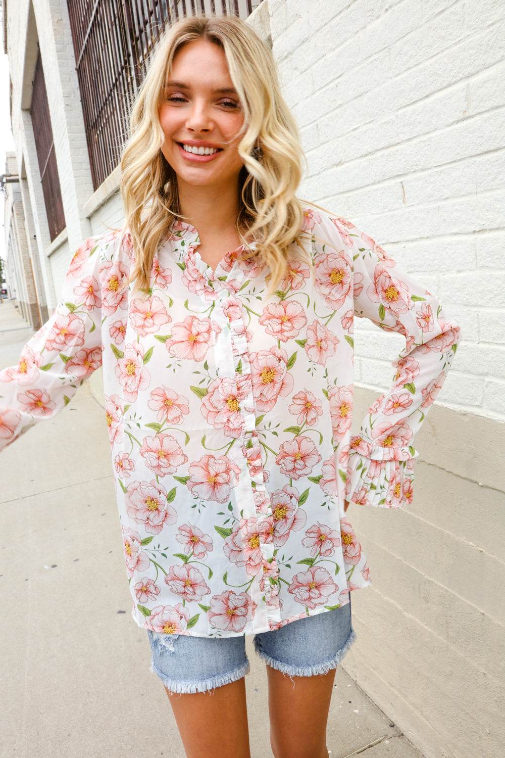 The Feminine Touch Chiffon Button-Down Floral Ruffle Sleeve Blouse - Charming Charlie