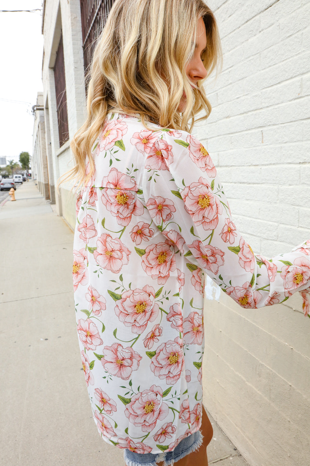 The Feminine Touch Chiffon Button-Down Floral Ruffle Sleeve Blouse - Charming Charlie