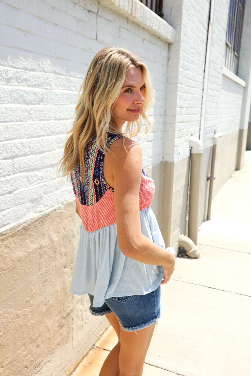 Vacay Vibes Coral/Blue Boho Print Color Block Sleeveless Top - Charming Charlie